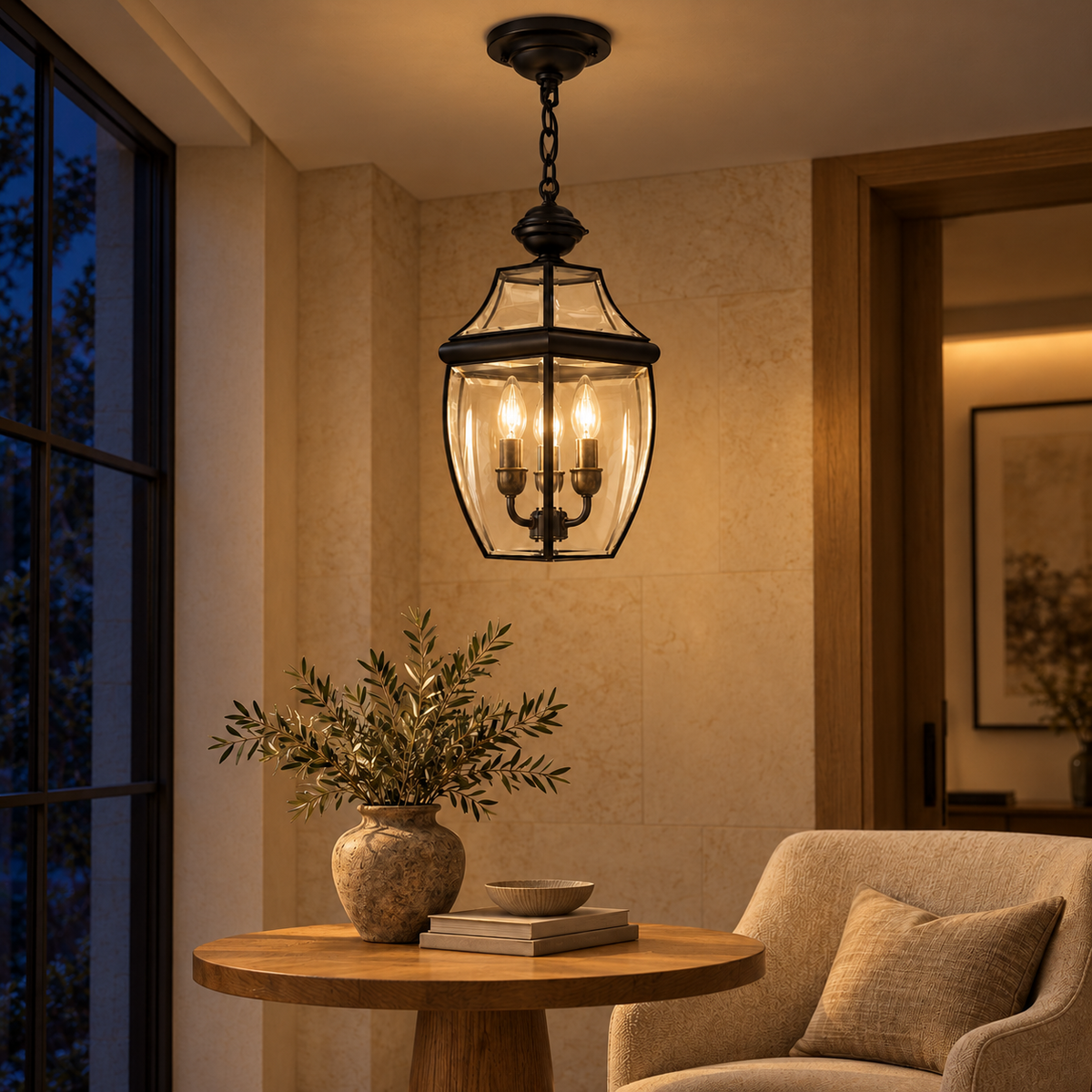 Black & Brass Three-Light Glass Lantern Pendant, illuminated in a nighttime interior