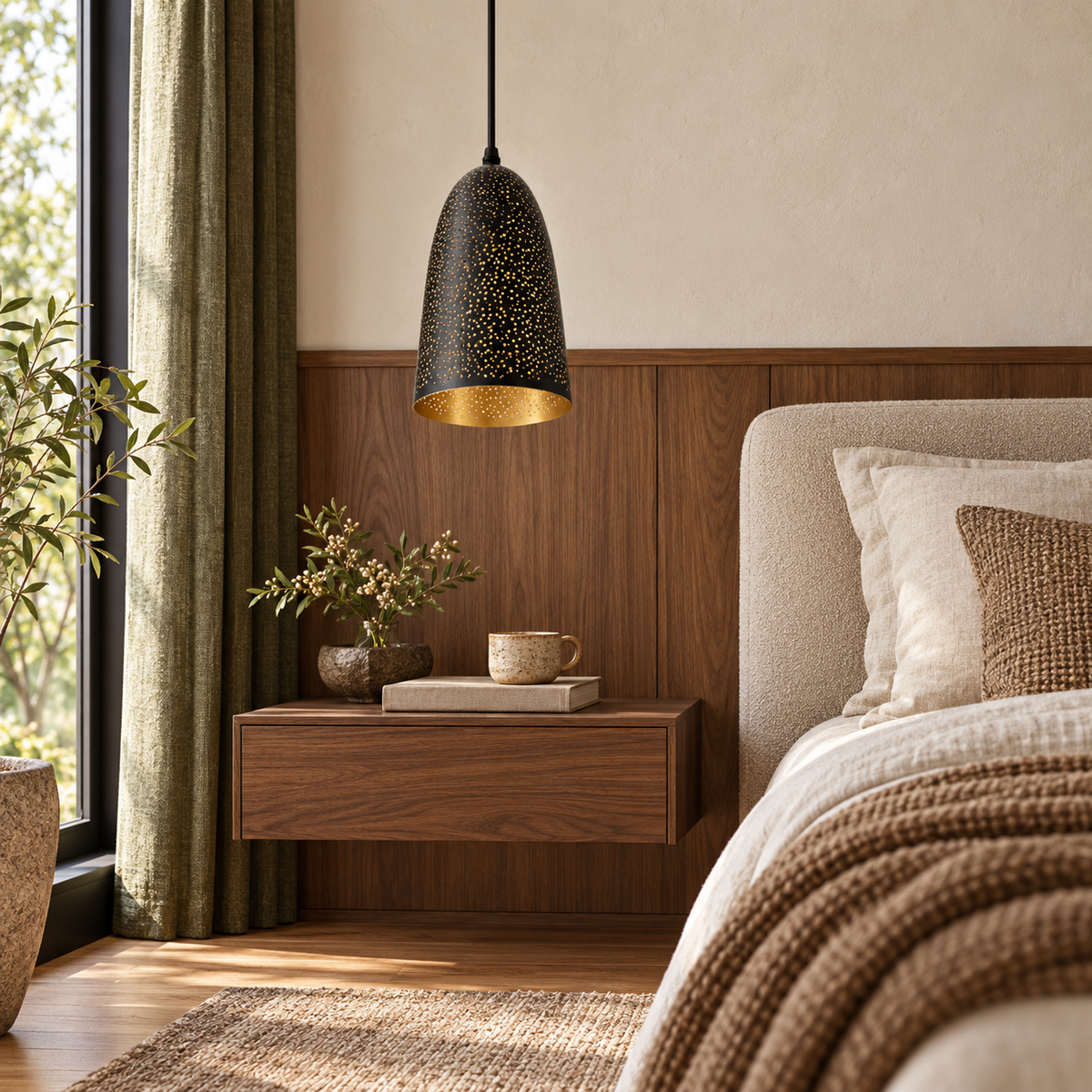 Black & Gold Perforated Bell Pendant, unlit in a daytime interior