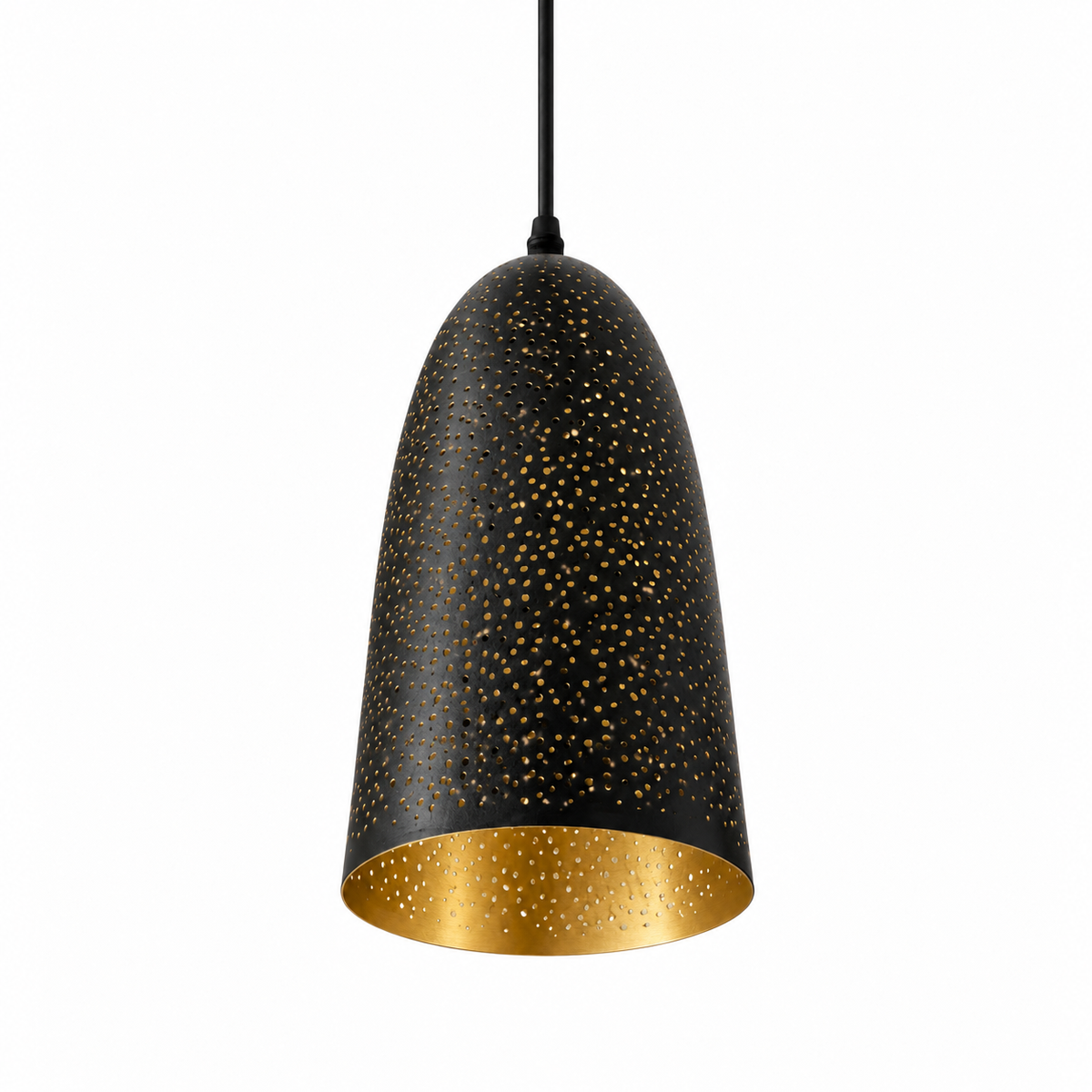 Black & Gold Perforated Bell Pendant, unlit studio view