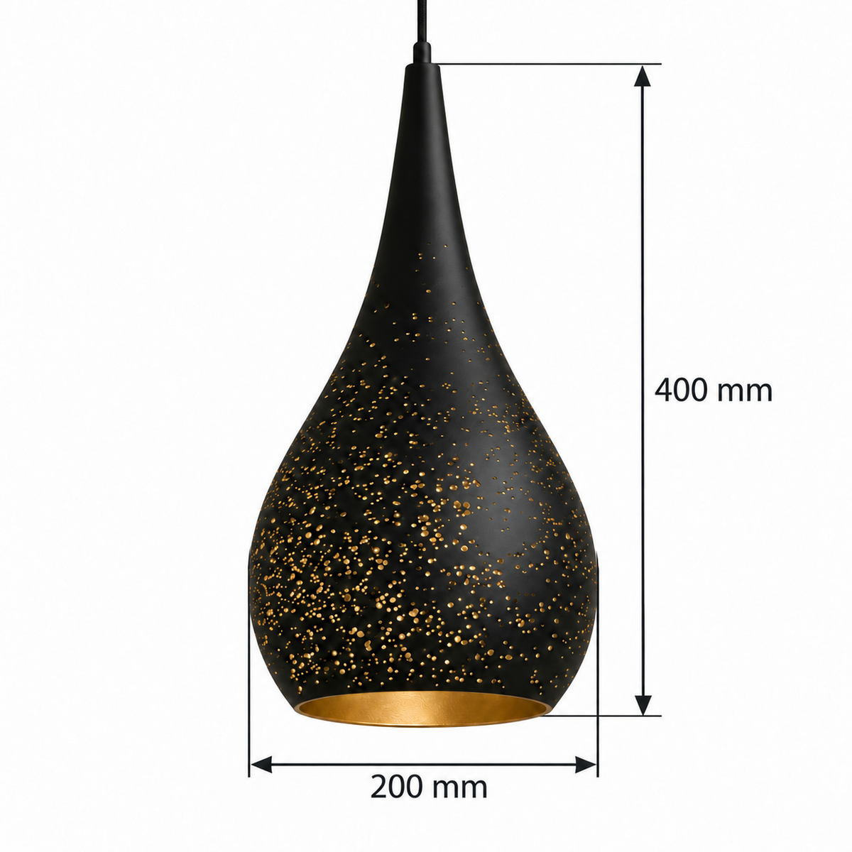 Black & Gold Perforated Iron Teardrop Pendant, dimension diagram; Widest shade body diameter: 200 mm. Shade body height: 400 mm, excluding cable and connector. Suspension drop is not specified.