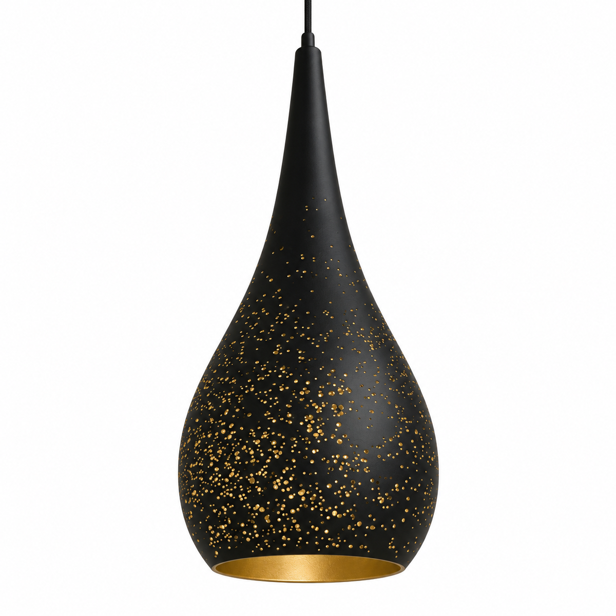 Black & Gold Perforated Iron Teardrop Pendant, unlit studio view