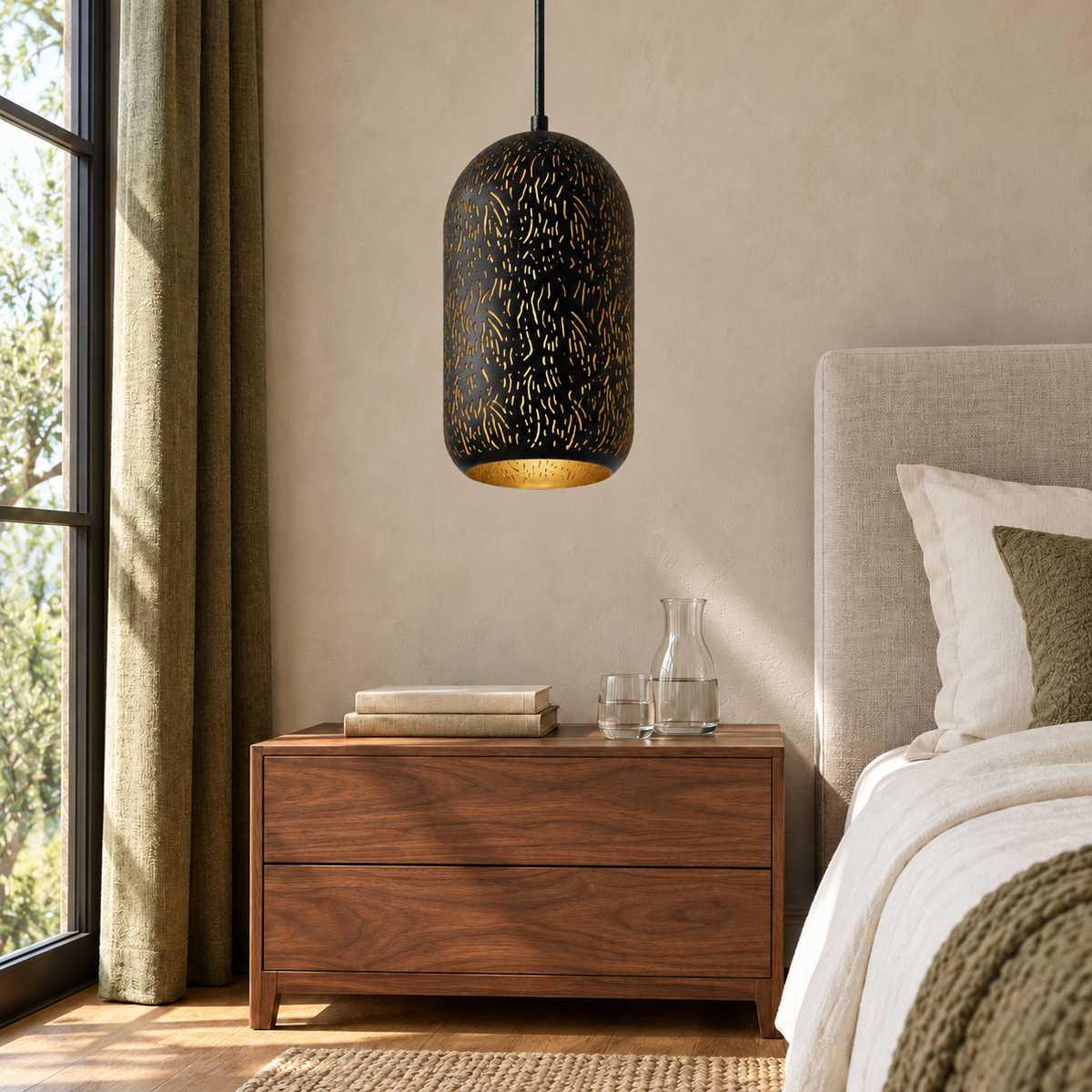 Black & Gold Slit-Cut Iron Capsule Pendant, unlit in a daytime interior