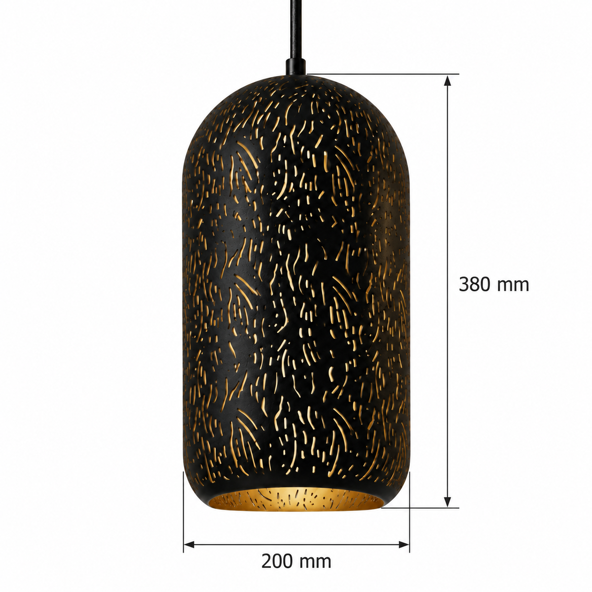Black & Gold Slit-Cut Iron Capsule Pendant, dimension diagram; Shade body diameter: 200 mm. Shade body height: 380 mm, excluding cable and connector. Suspension drop is not specified.
