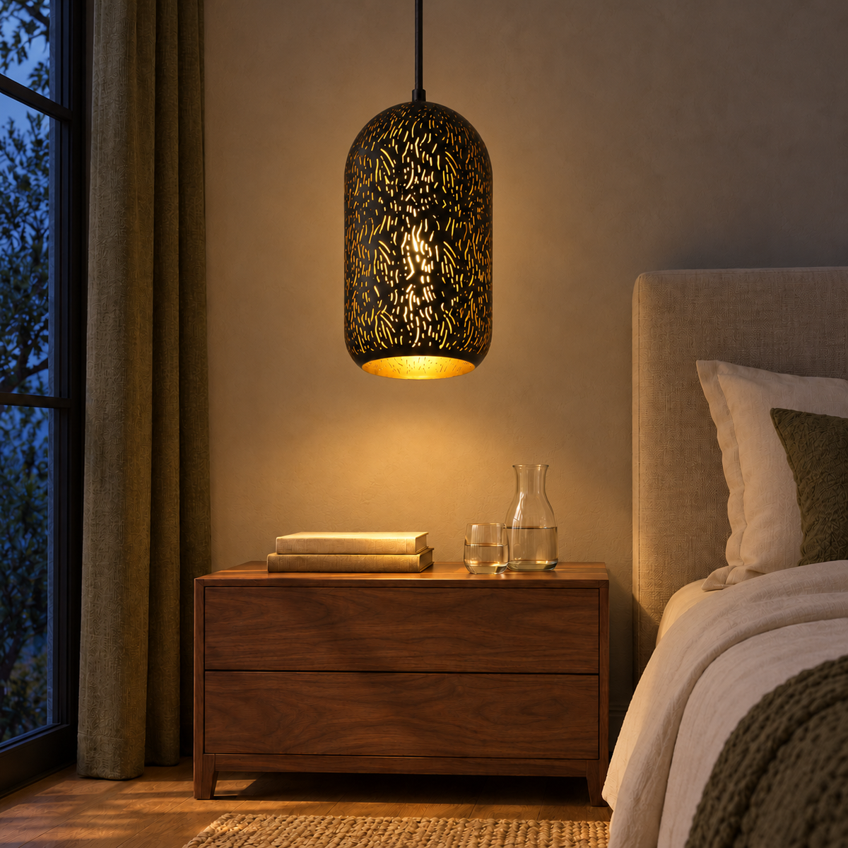 Black & Gold Slit-Cut Iron Capsule Pendant, illuminated in a nighttime interior