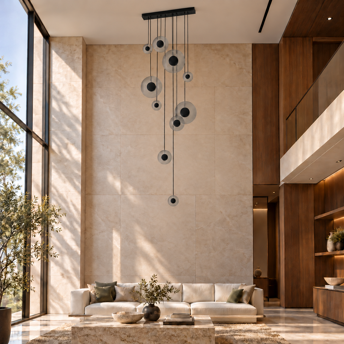 Black Ten-Disc Cascade Chandelier, unlit in a daytime interior