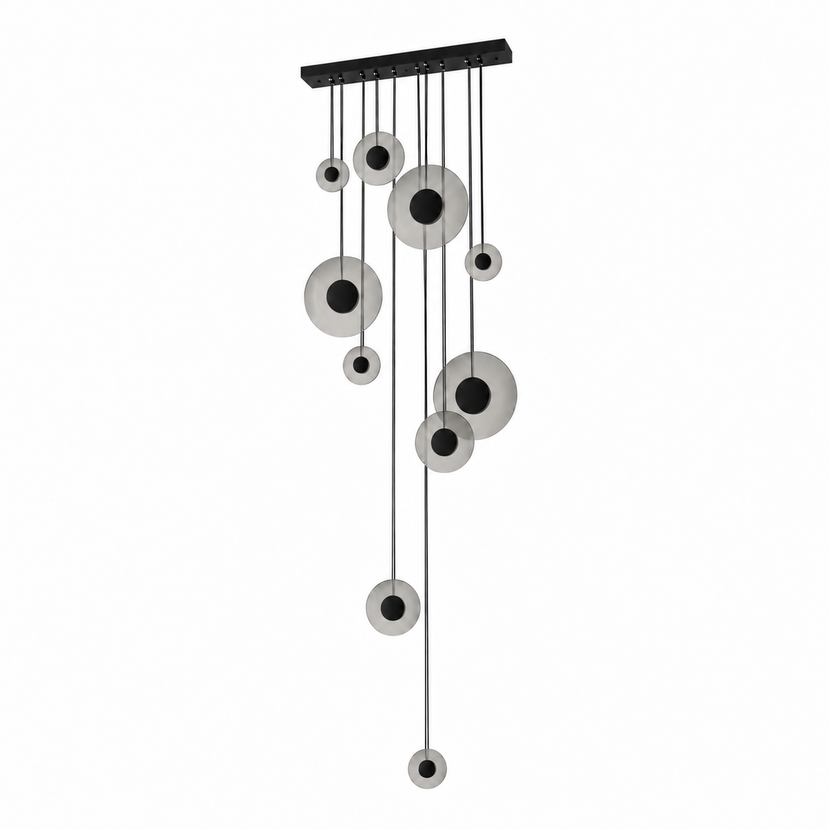 Black Ten-Disc Cascade Chandelier, unlit studio view