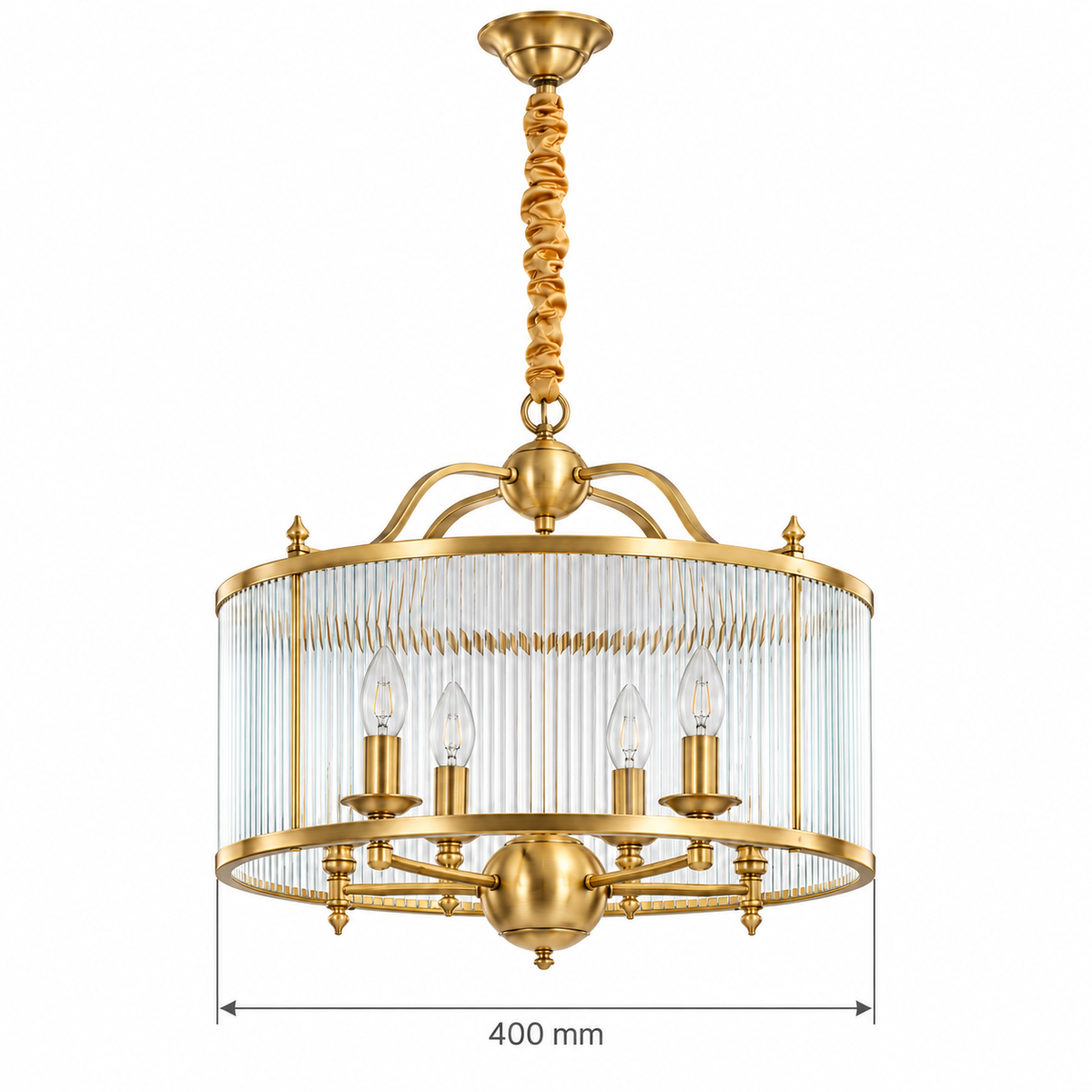 Brass & Clear Ribbed Glass Four-Light Drum Pendant, dimension diagram showing body width 400 mm