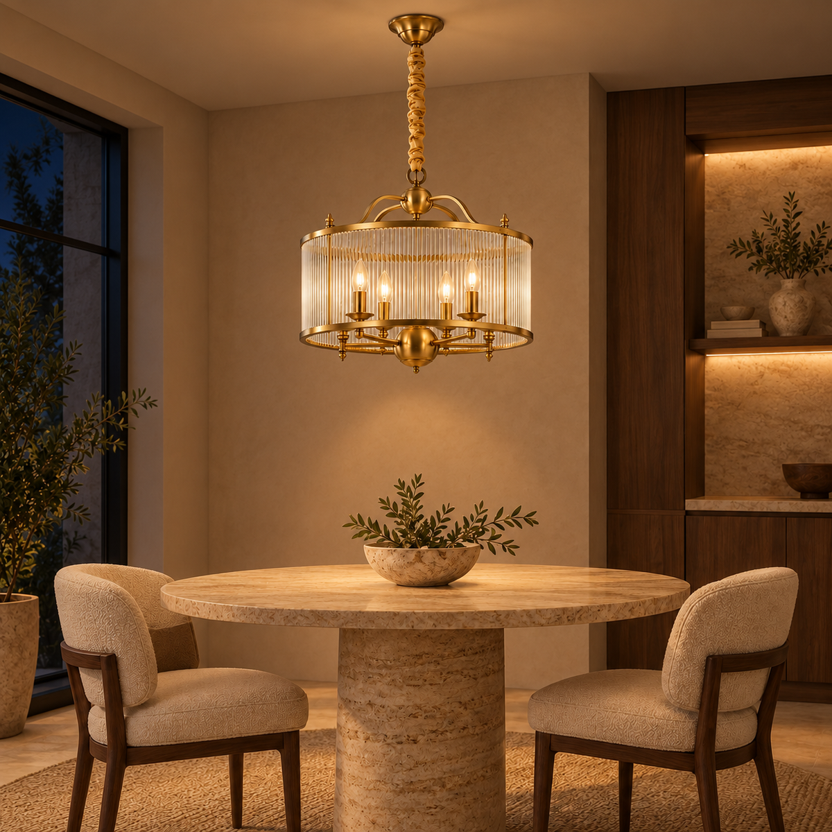 Brass & Clear Ribbed Glass Four-Light Drum Pendant, illuminated in a nighttime interior