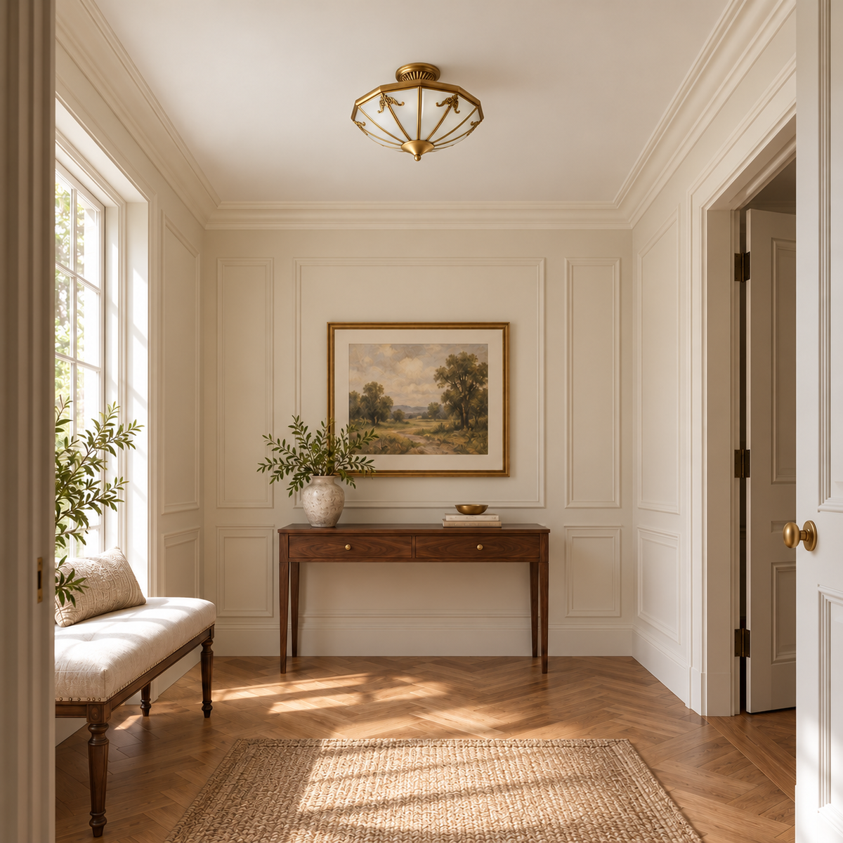 Faceted frosted glass and brass ceiling light in a daylight interior, unlit