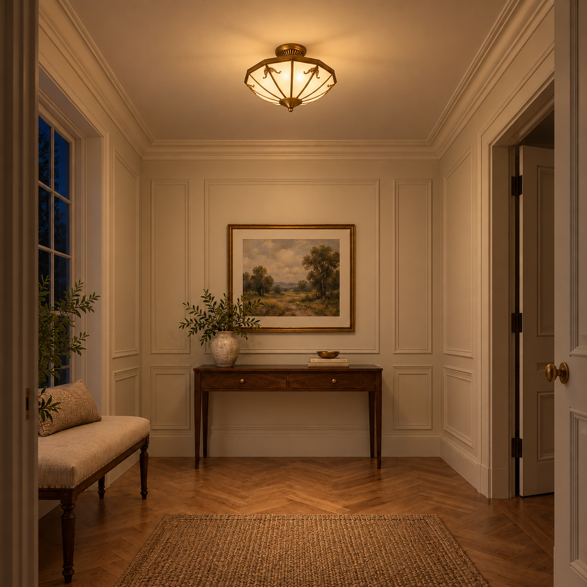 Faceted frosted glass and brass ceiling light illuminated in an evening interior