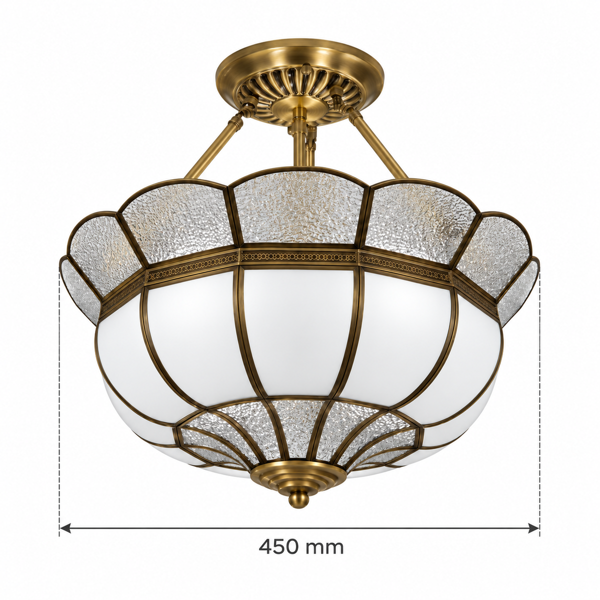 Brass and frosted glass bowl ceiling light, confirmed 450 mm diameter diagram