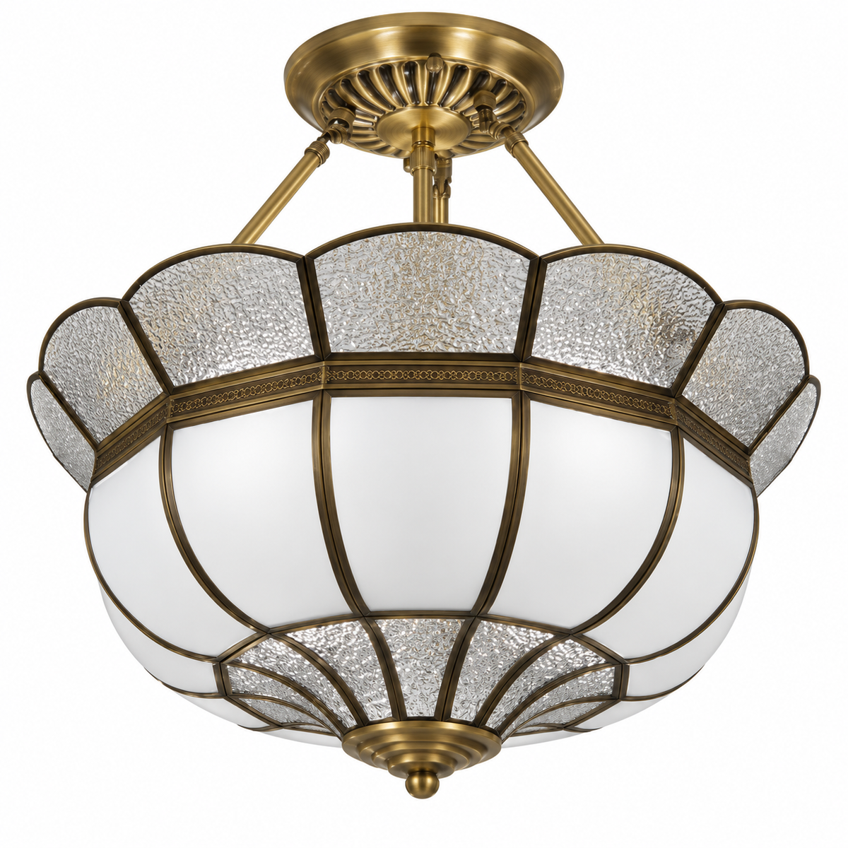 Brass bowl ceiling light with frosted glass panels and textured clear glass bands, studio view