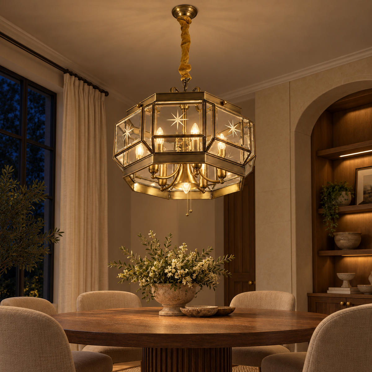 Brass Geometric Lantern Pendant, illuminated in a nighttime interior