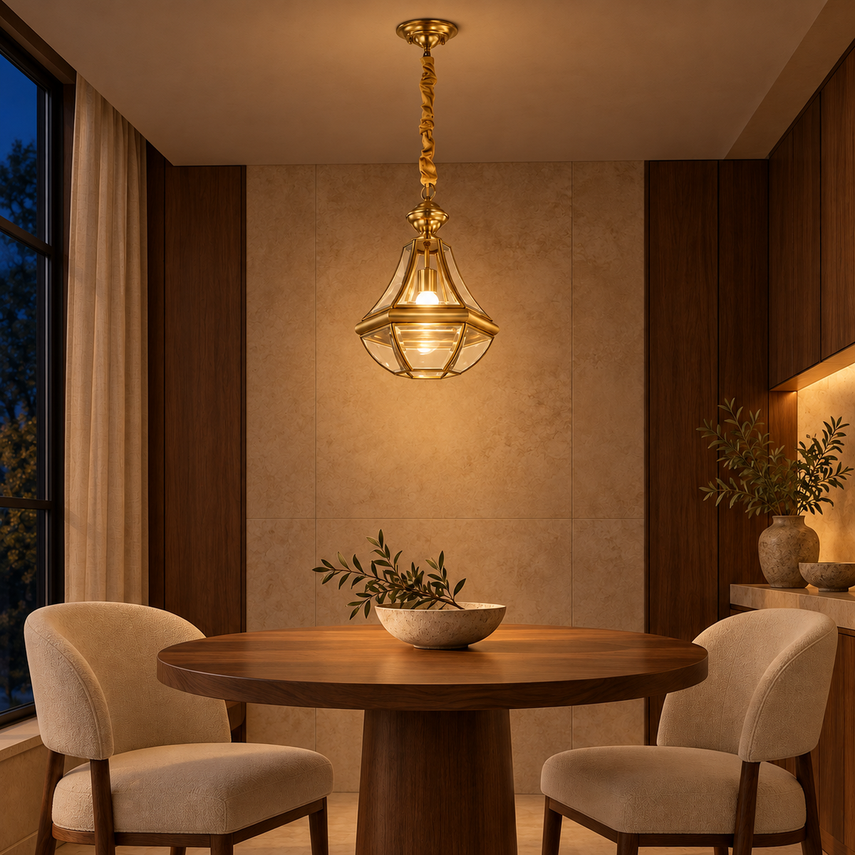 Brass Sculpted Lantern Pendant, illuminated in a nighttime interior