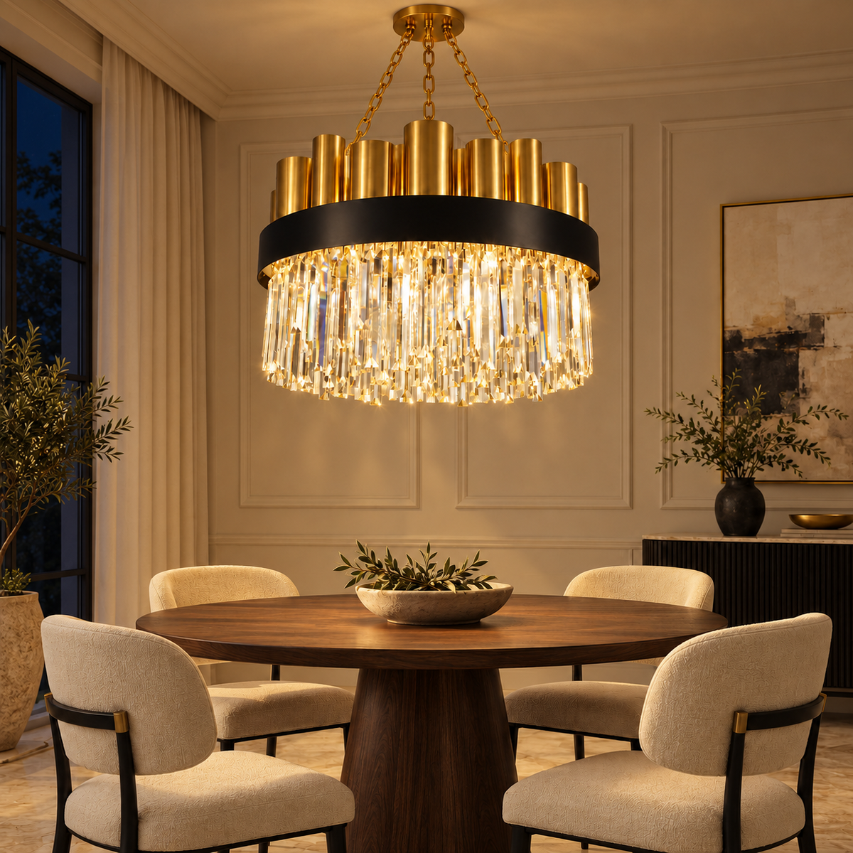 AURELIS crystal chandelier illuminated in a dining room at night