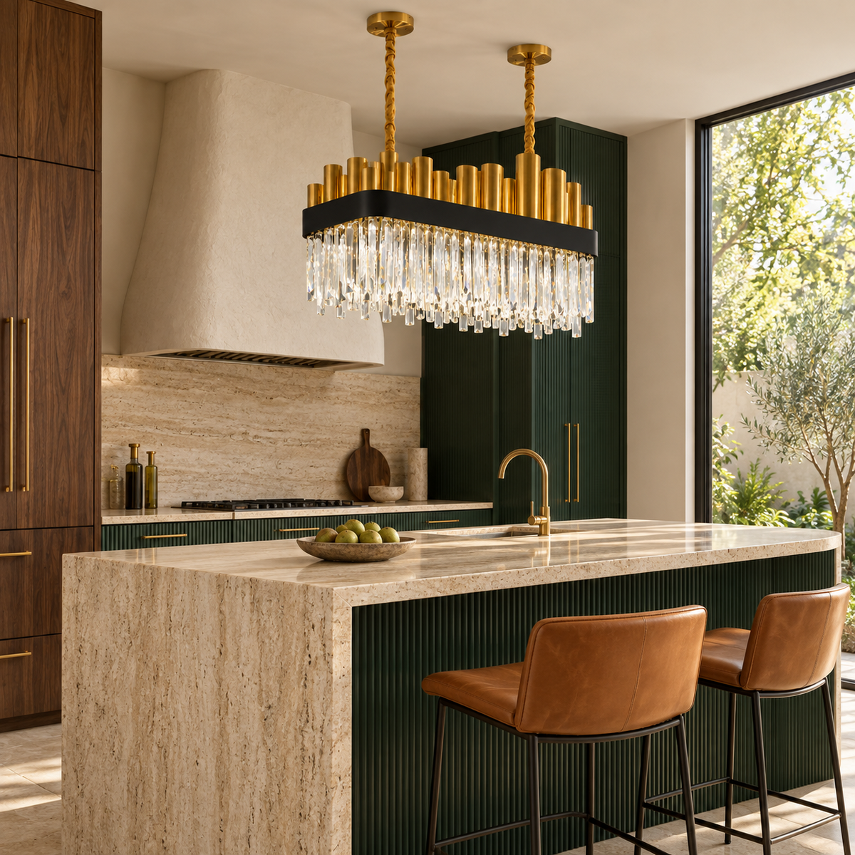 AURELIS-L linear crystal chandelier in kitchen island setting by day