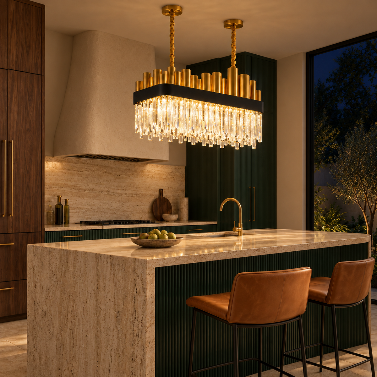AURELIS-L linear crystal chandelier in kitchen island setting at night