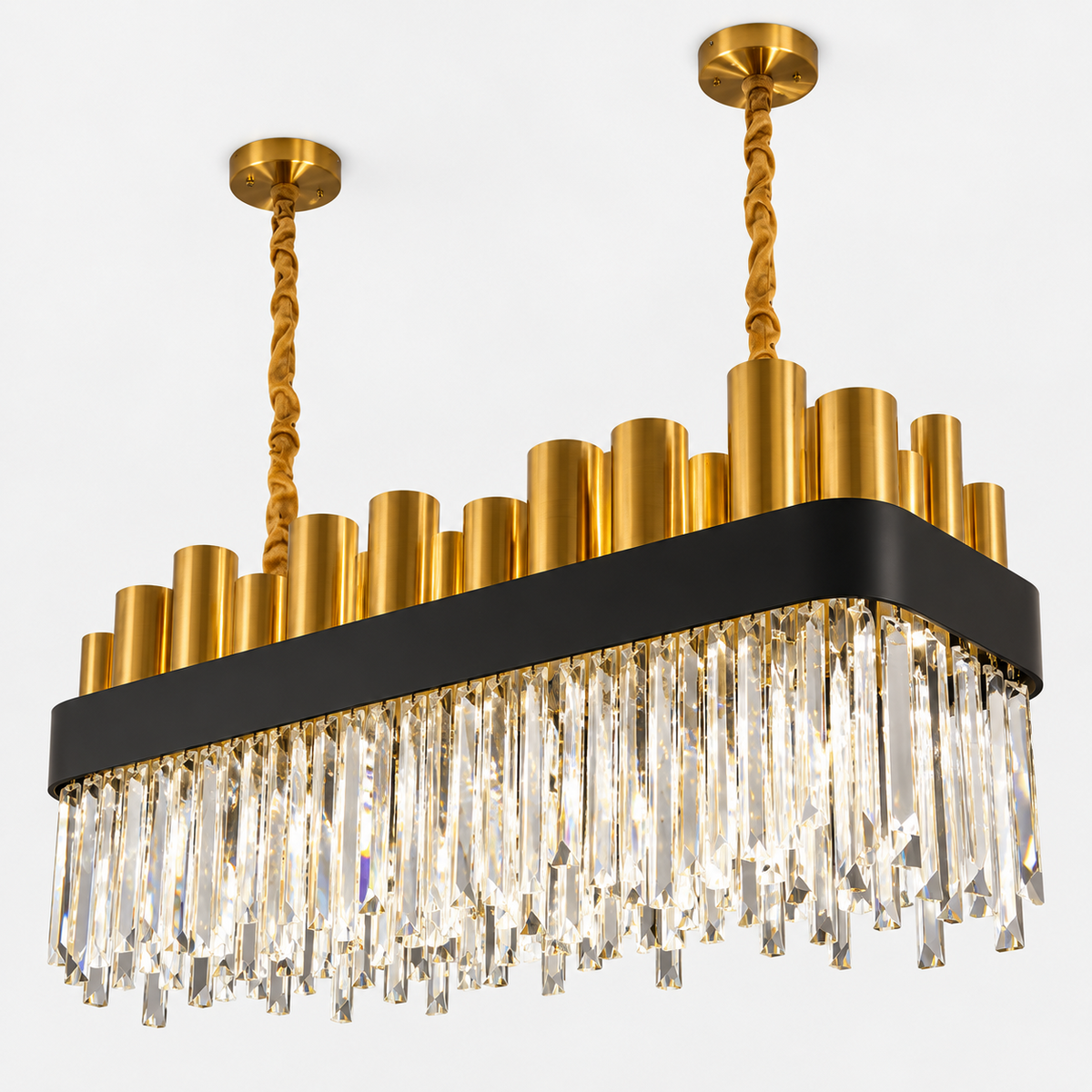 AURELIS-L black and gold linear crystal chandelier on white background