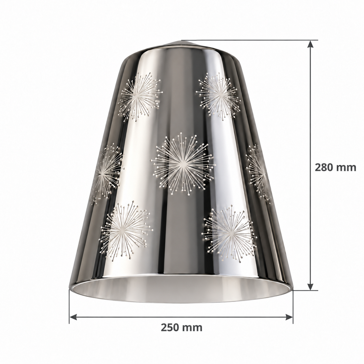 Chrome 3D Starburst Glass Pendant, dimension diagram; Glass shade only: diameter 250 mm and height 280 mm. Suspension is excluded.