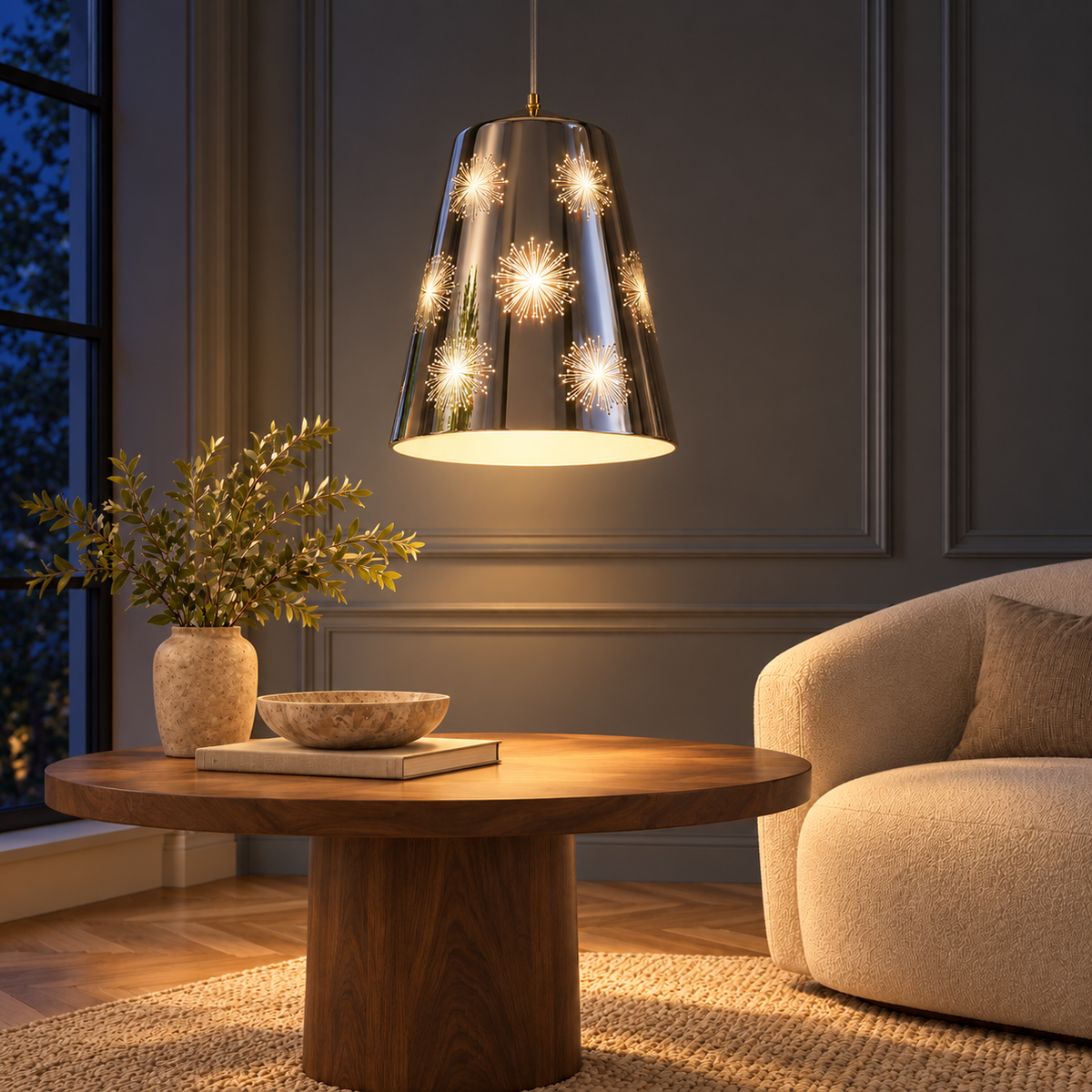 Chrome 3D Starburst Glass Pendant, illuminated in a nighttime interior