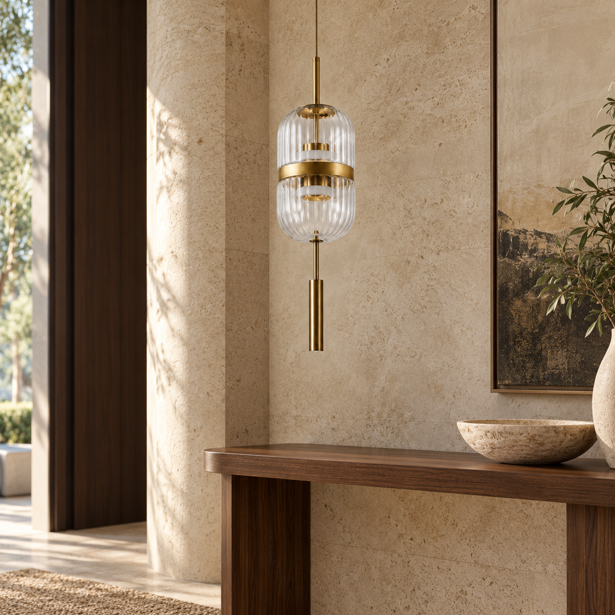 Clear Fluted Glass Spindle Pendant, unlit in a daytime interior