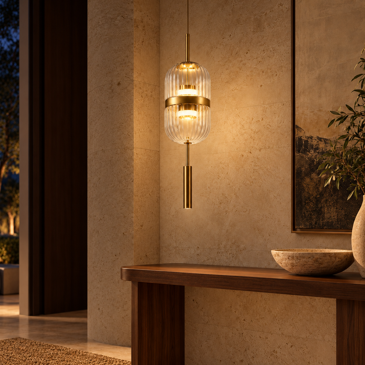Clear Fluted Glass Spindle Pendant, illuminated in a nighttime interior