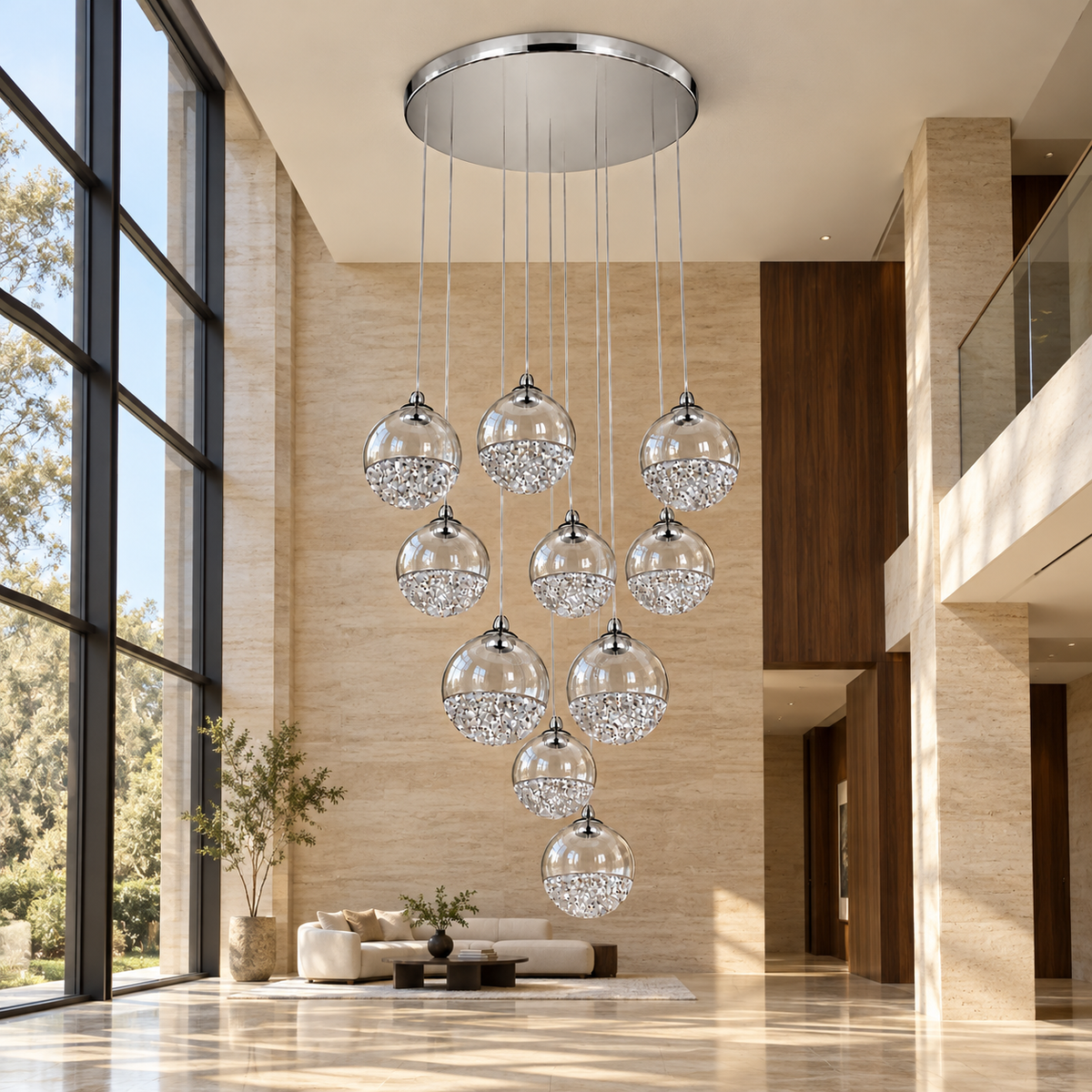 Clear Glass Ten-Globe Cascade Chandelier, unlit in a daytime interior