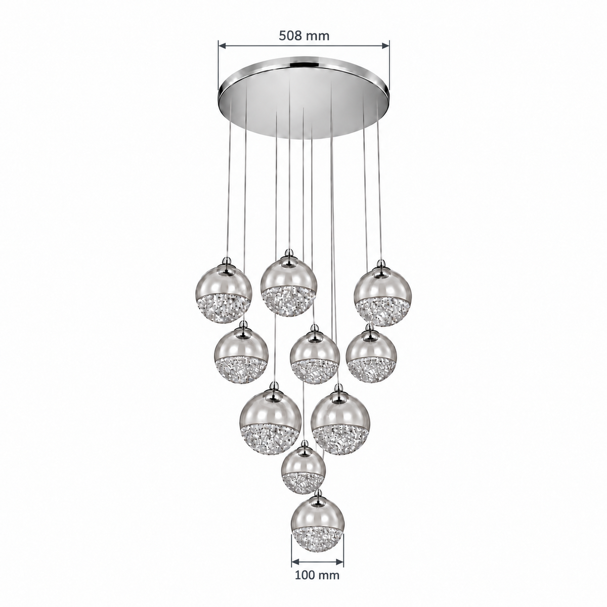 Clear Glass Ten-Globe Cascade Chandelier, dimension diagram showing canopy diameter 508 mm; individual globe diameter 100 mm