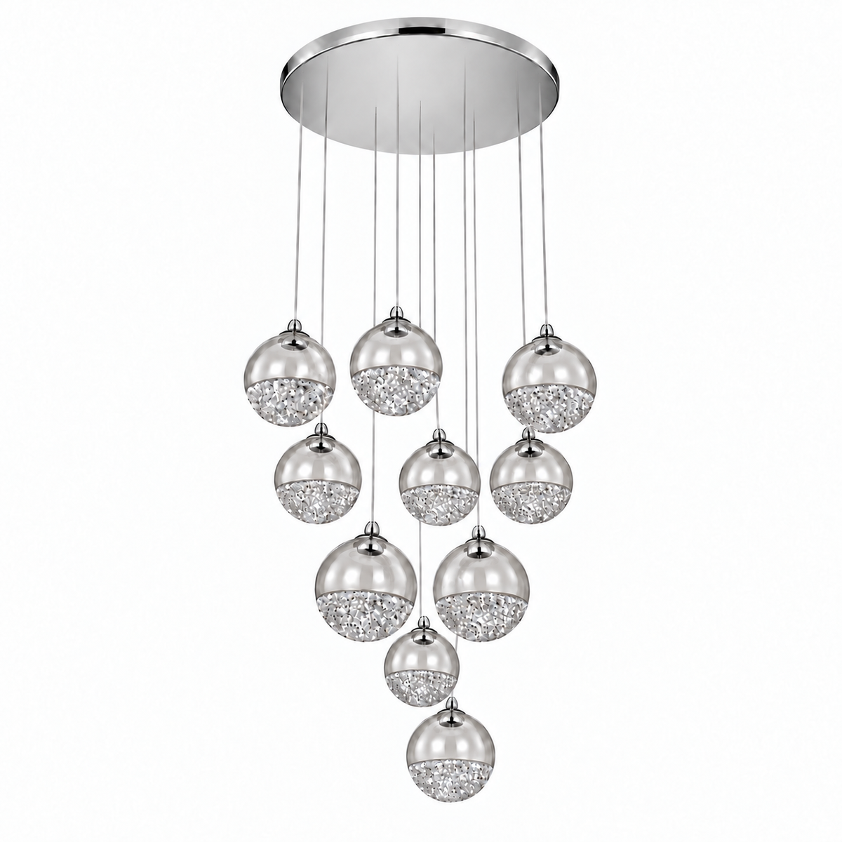Clear Glass Ten-Globe Cascade Chandelier, unlit studio view