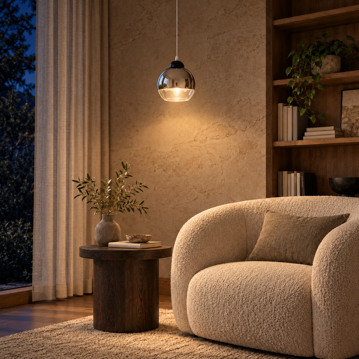 Clear & Silver Glass Globe Pendant, illuminated in a nighttime interior