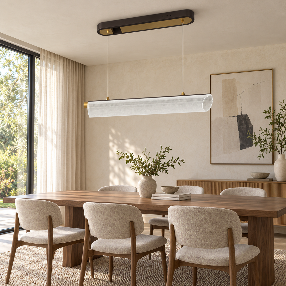 Coffee and Gold Linear Blade Pendant, unlit in a daytime interior