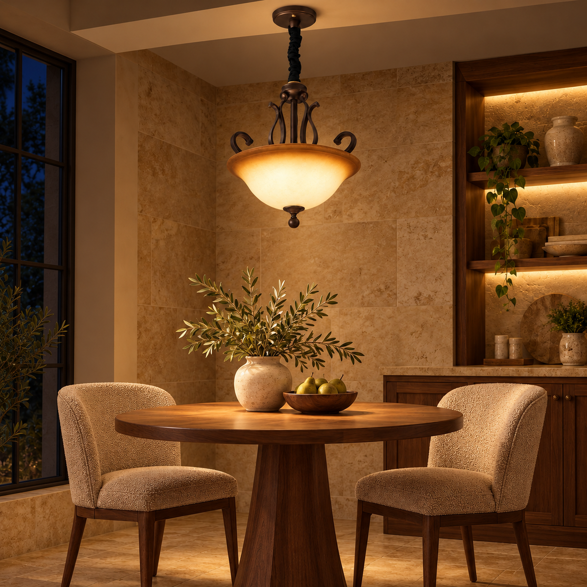Coffee Antique Scroll Bowl Pendant, illuminated in a nighttime interior