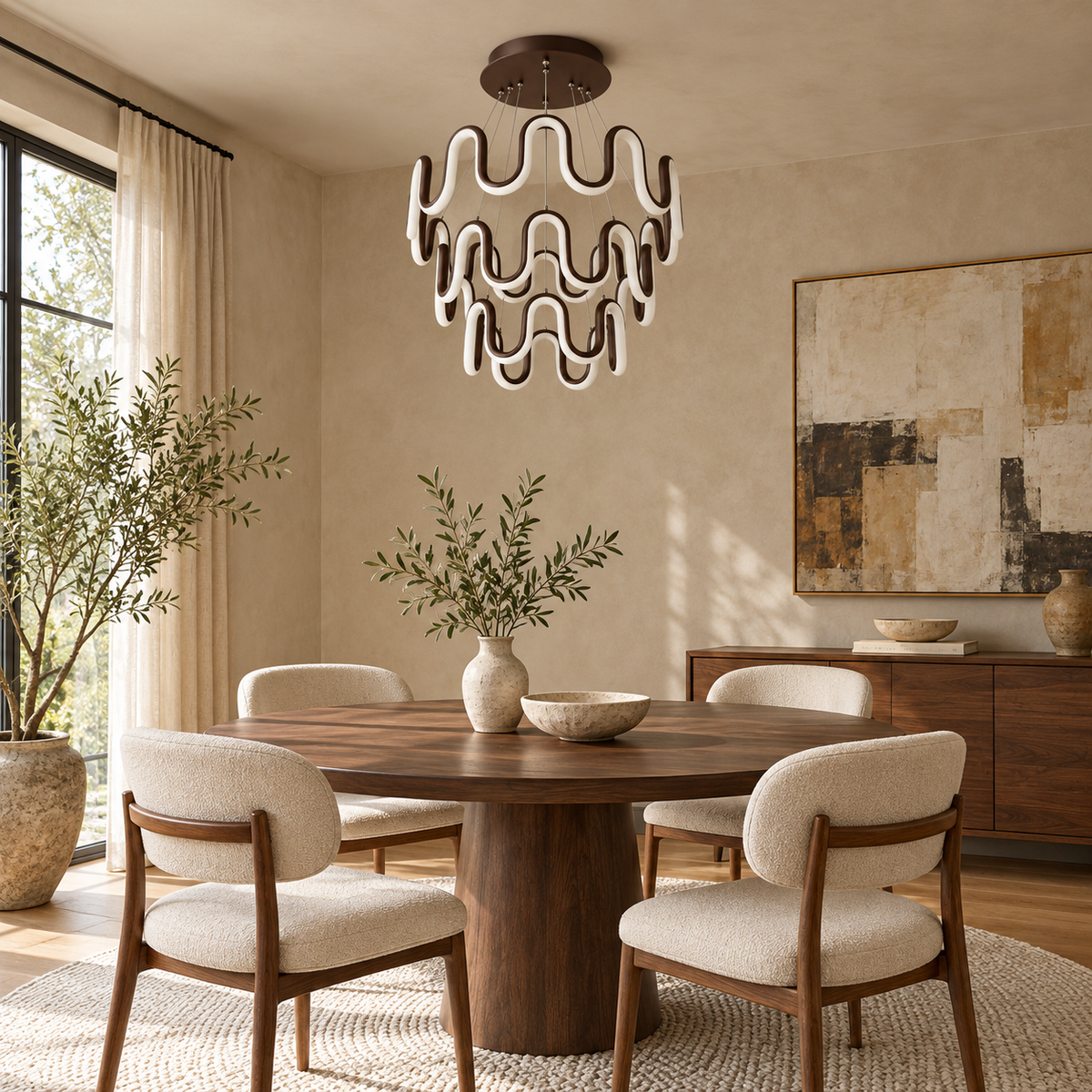 Coffee Wave Three-Tier Chandelier, unlit in a daytime interior