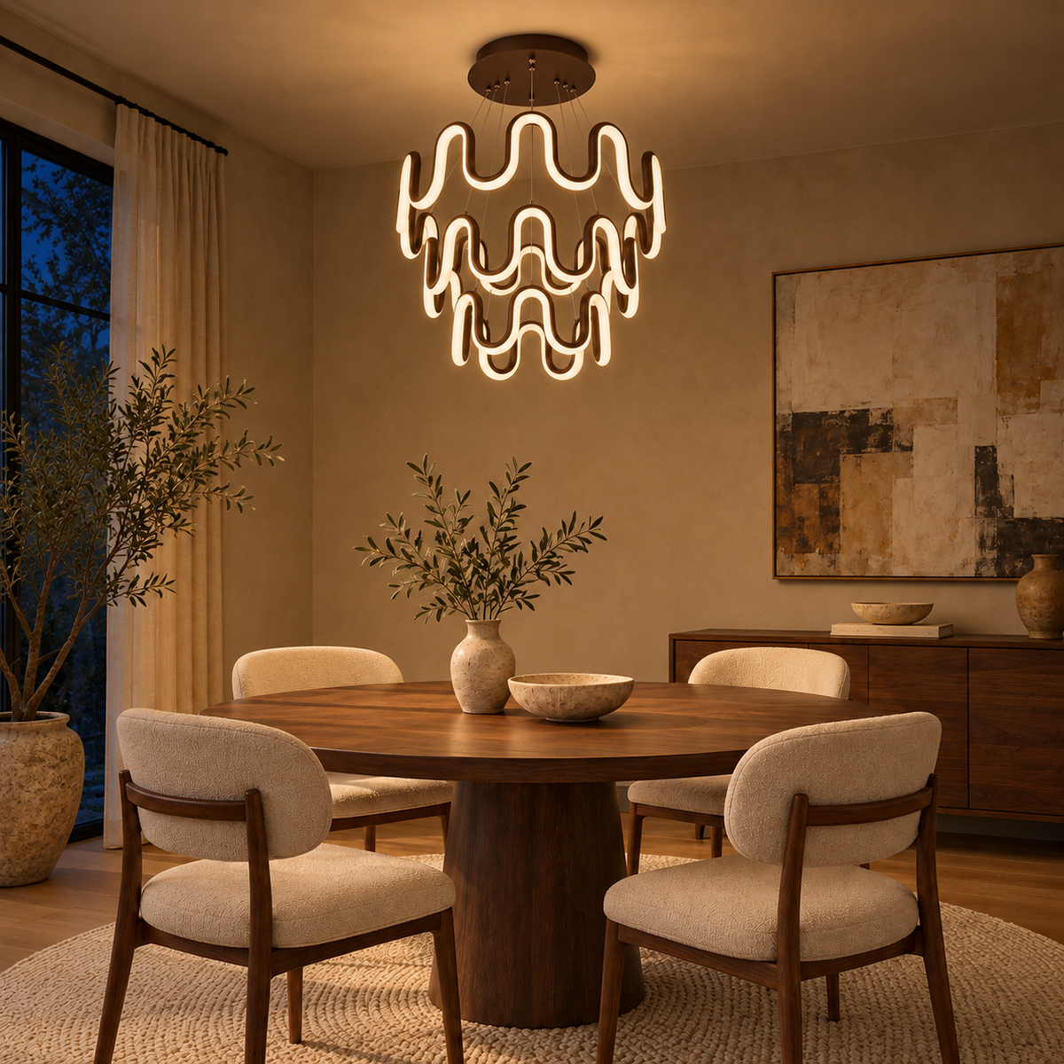 Coffee Wave Three-Tier Chandelier, illuminated in a nighttime interior