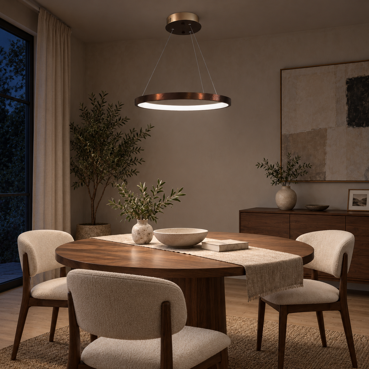 Coffee Wide-Ring Pendant, illuminated in a nighttime interior
