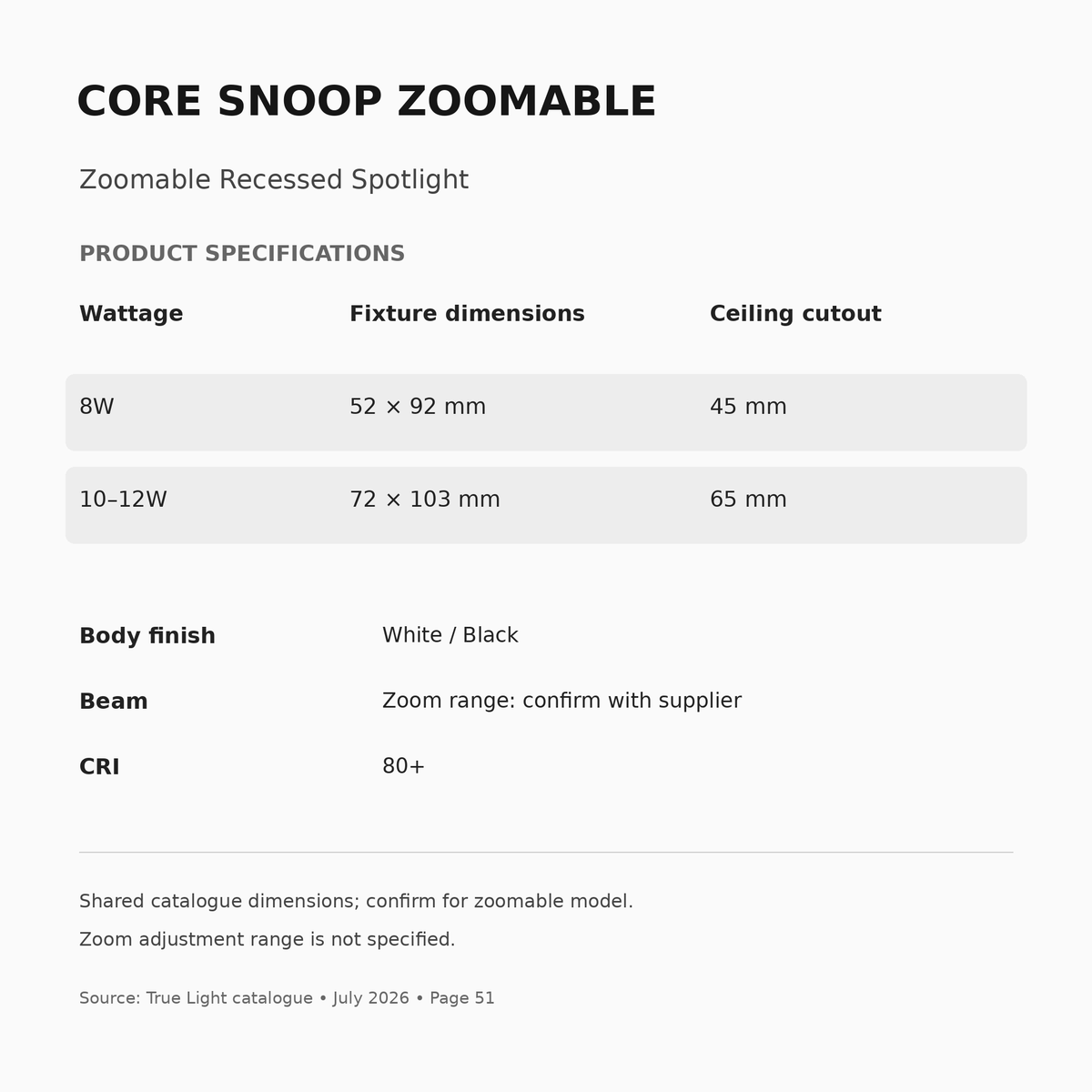 CORE SNOOP Zoomable 8W and 10–12W shared catalogue dimensions; confirm zoom range and dimensions