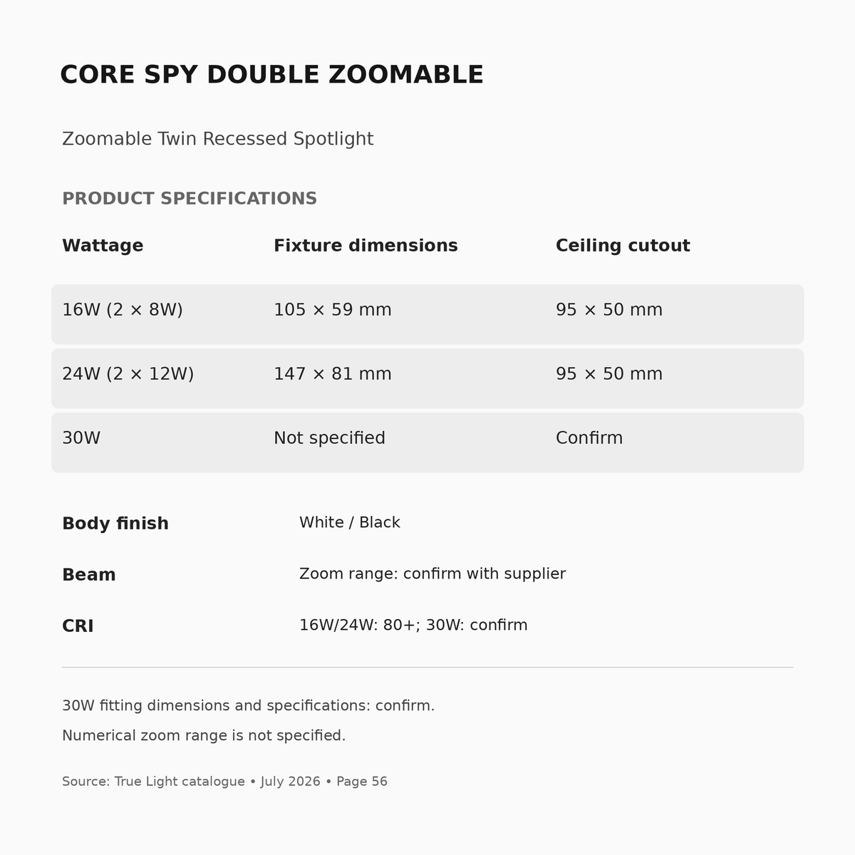 CORE SPY DOUBLE ZOOMABLE specifications, wattage and fitting dimensions