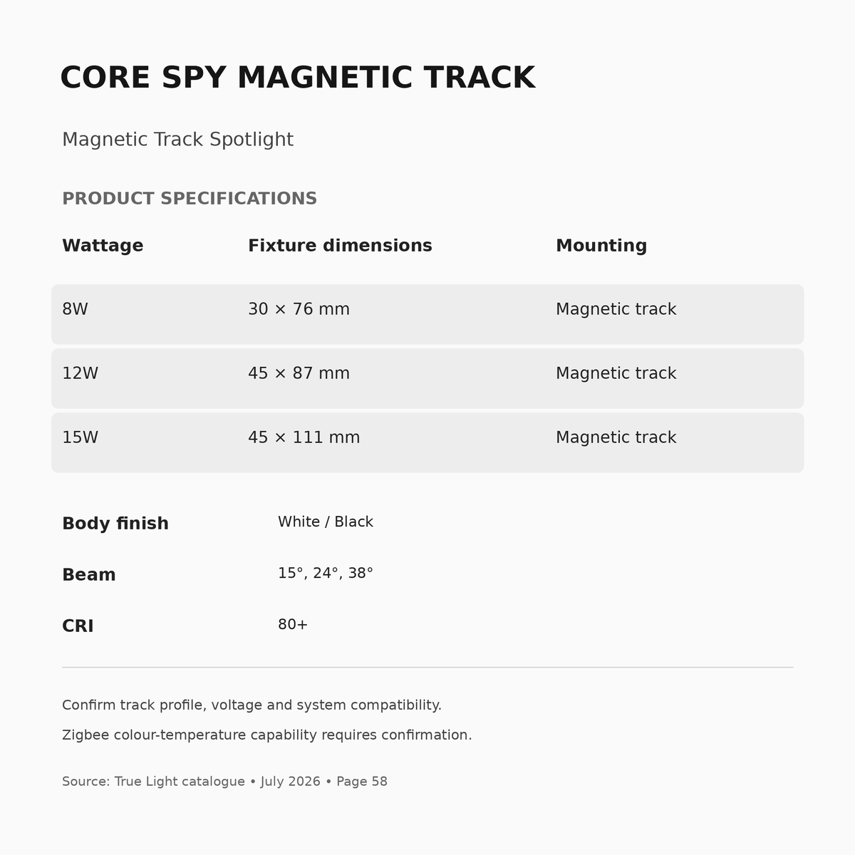 CORE SPY MAGNETIC TRACK specifications, wattage and fitting dimensions
