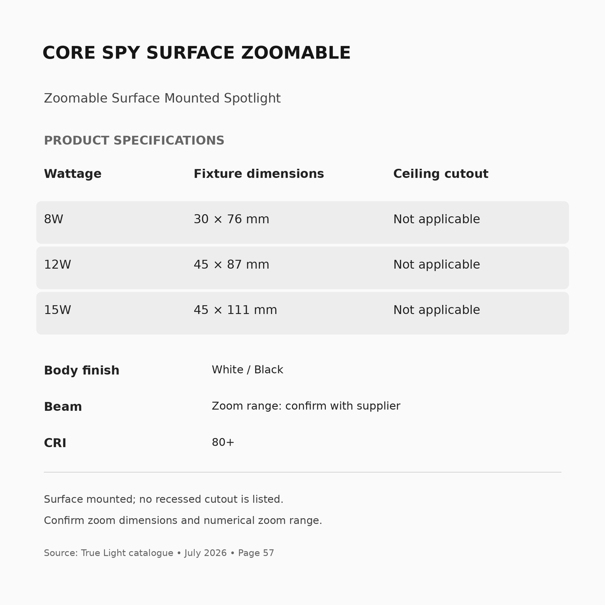 CORE SPY SURFACE ZOOMABLE specifications, wattage and fitting dimensions