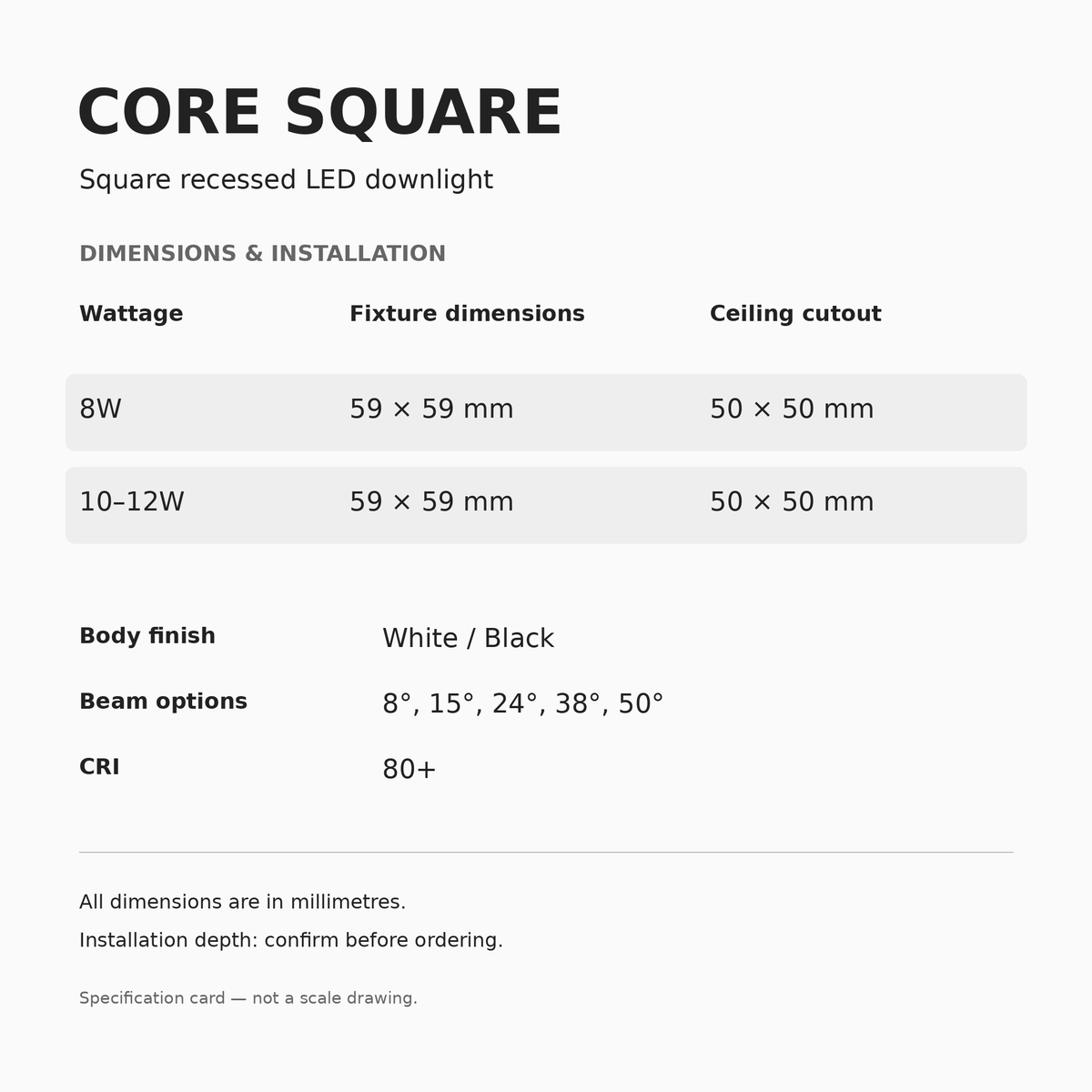 CORE SQUARE 8W and 10–12W dimensions, cutout and specifications