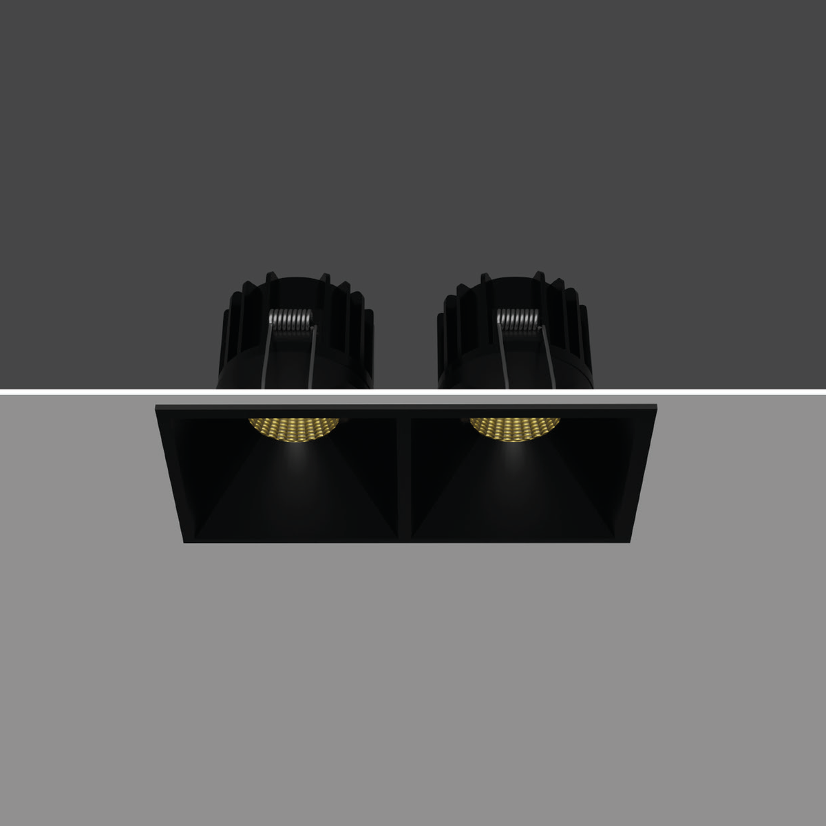 CORNET DOUBLE black-body twin recessed downlight, faithful installation reference with ceiling plane retained; white-finish image unavailable.