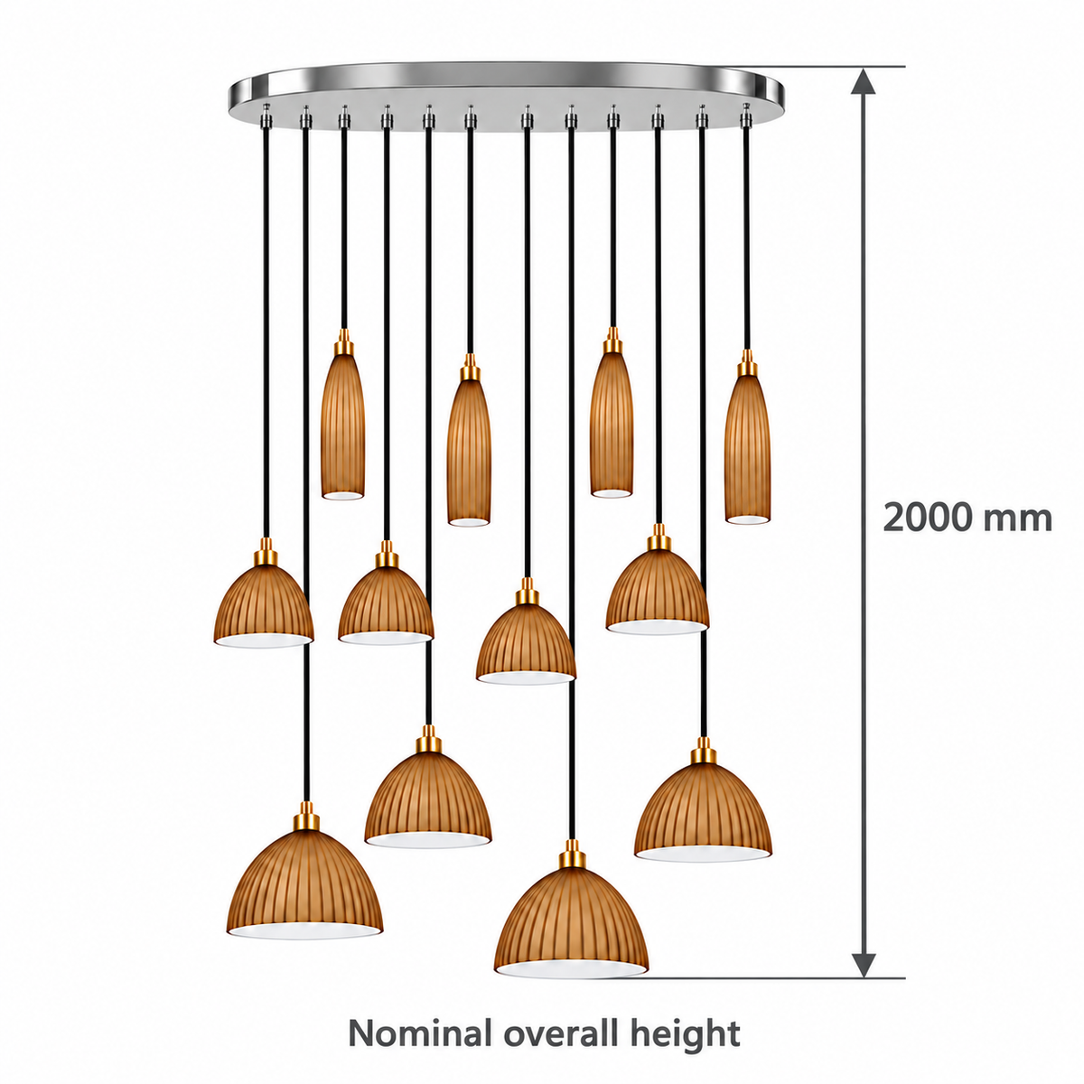 Costella Brown Twelve-Shade Cascade Chandelier, confirmed dimension diagram