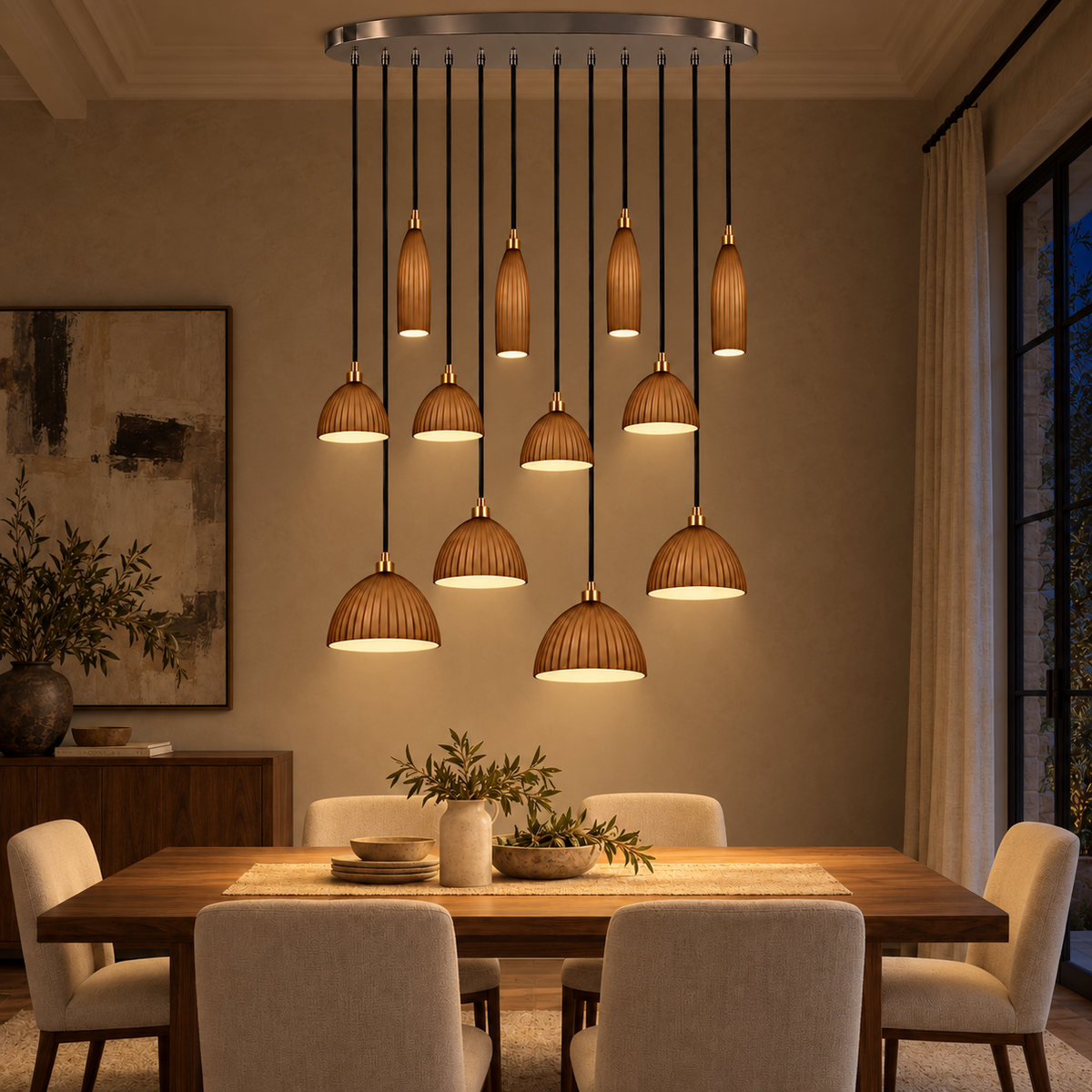 Costella Brown Twelve-Shade Cascade Chandelier, evening interior, light on