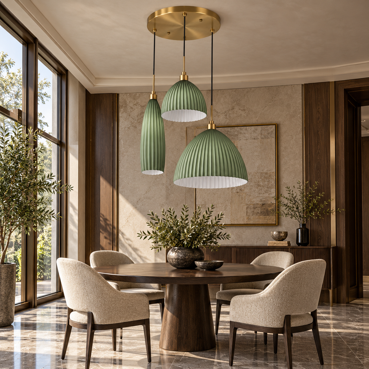 Costella Green Three-Shade Chandelier, daylight interior, light off