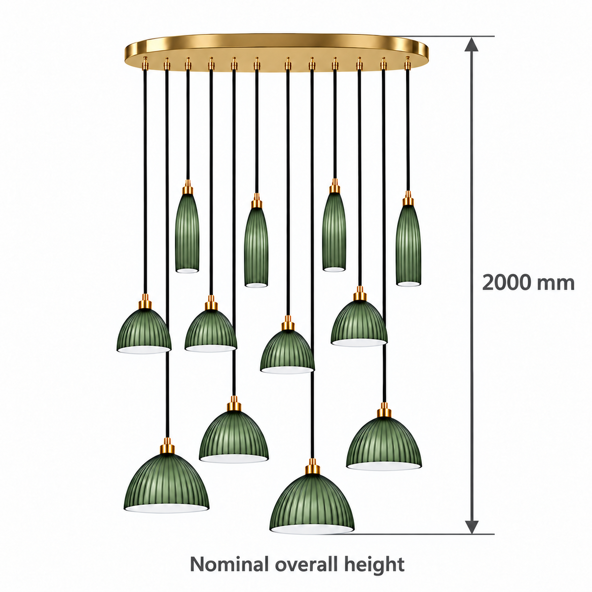 Costella Green Twelve-Shade Cascade Chandelier, confirmed dimension diagram