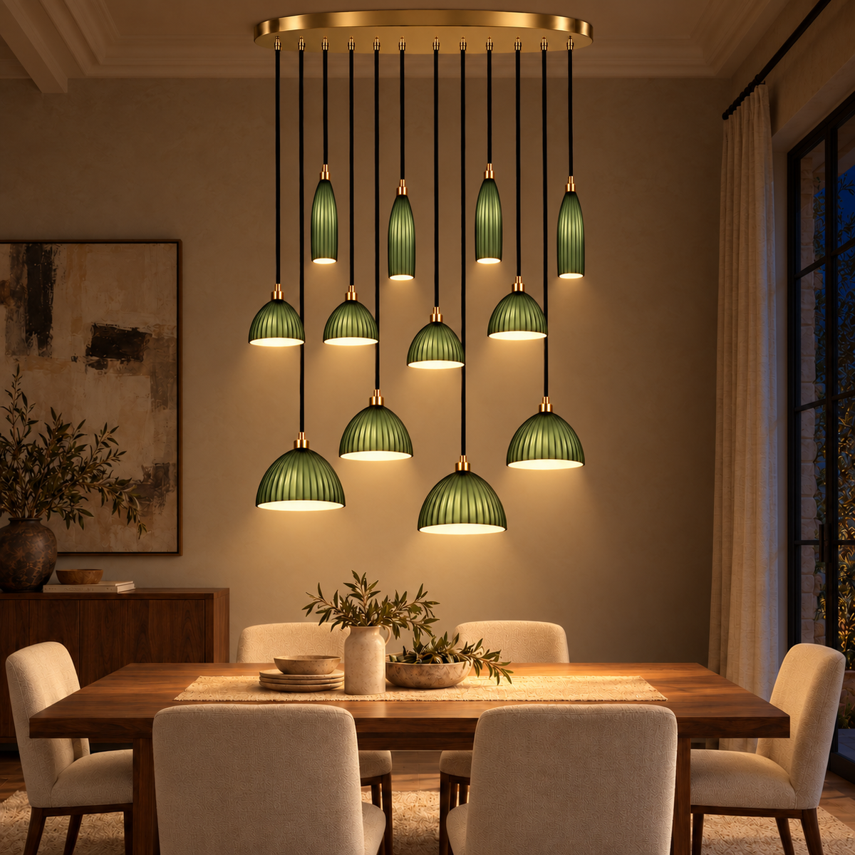 Costella Green Twelve-Shade Cascade Chandelier, evening interior, light on