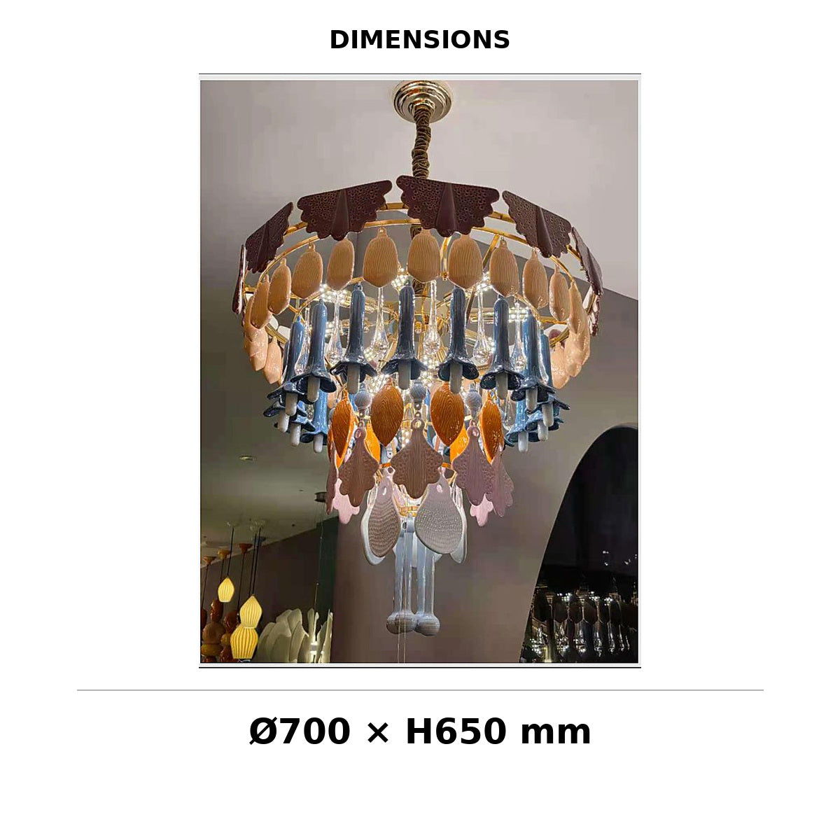 Colorful Ceramic Cascade Chandelier dimension image, Ø700 mm x H650 mm