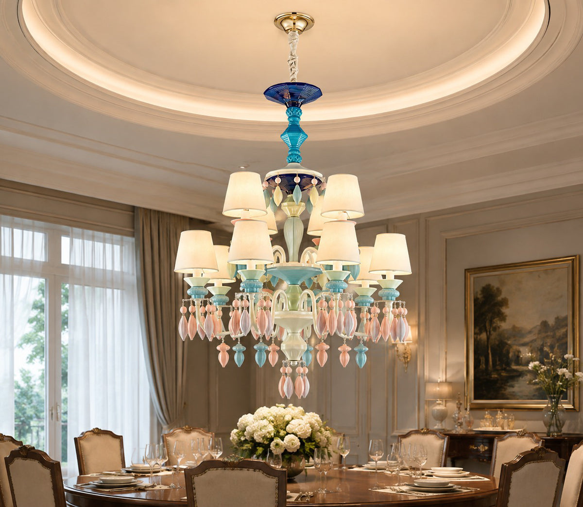Two-Tier Colorful Ceramic Chandelier 8+4 Light full original in-situ image