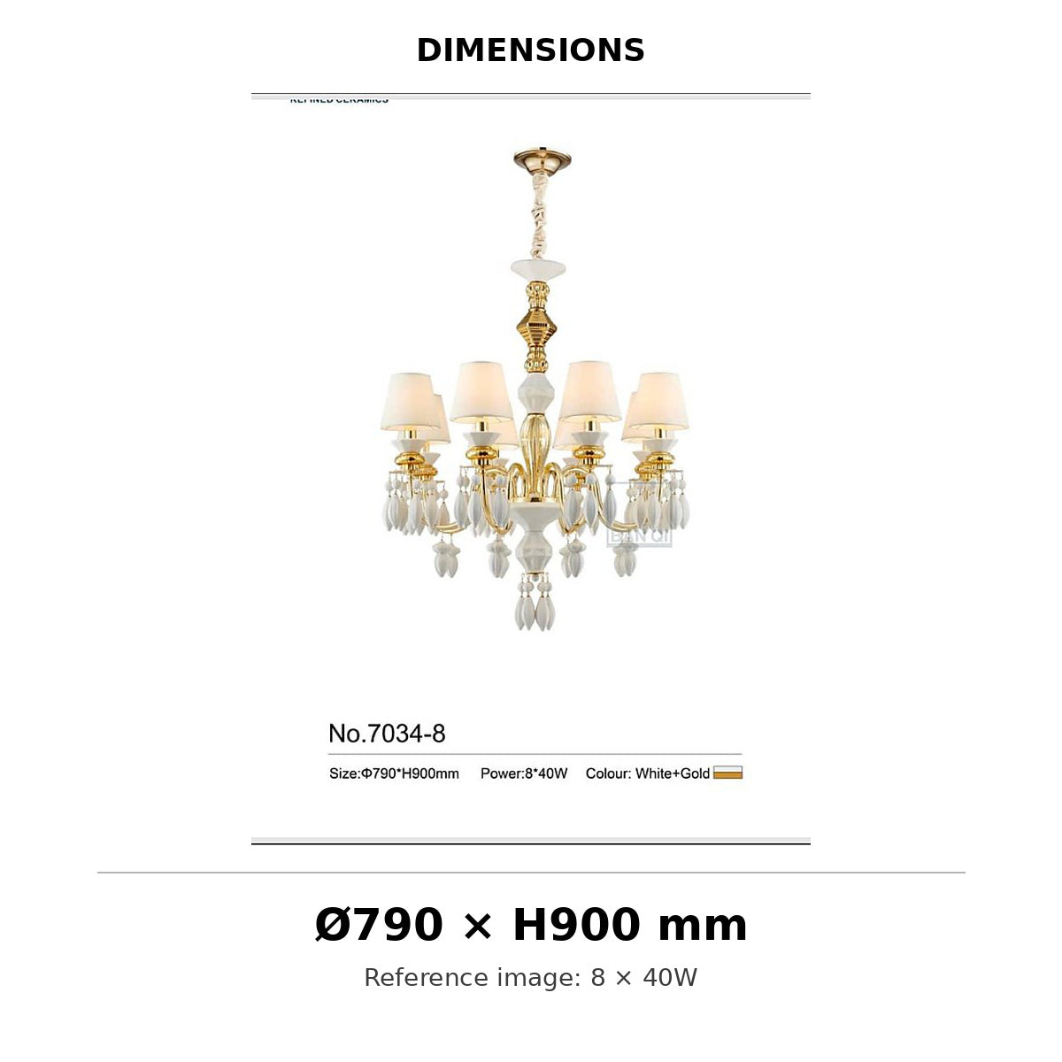 White Ceramic Chandelier 8 Light dimension image, Ø790 mm x H900 mm; reference image notes 8 x 40W
