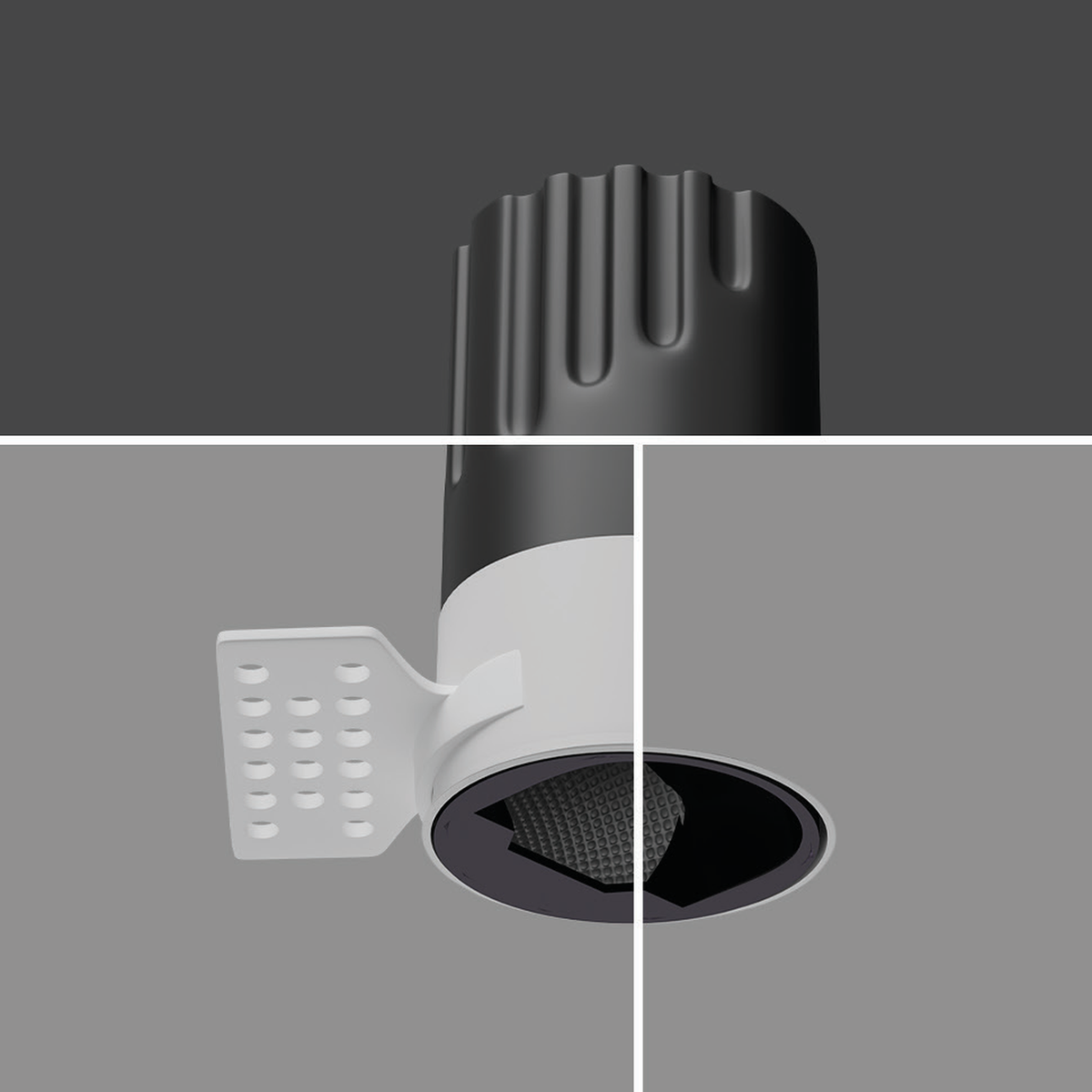 DRAPE-T white-body recessed downlight with perforated mounting wing in a cutaway ceiling installation reference; faithful original image, black-body image unavailable.